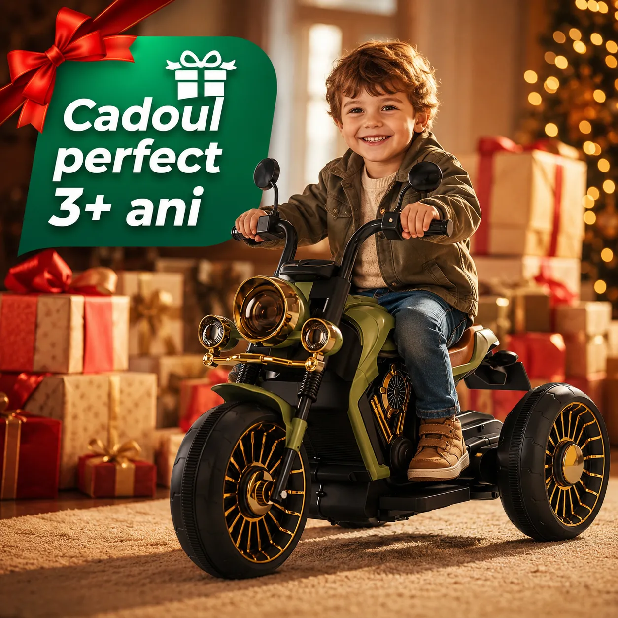 Timebox motocicletă electrică copii verde 3 roți