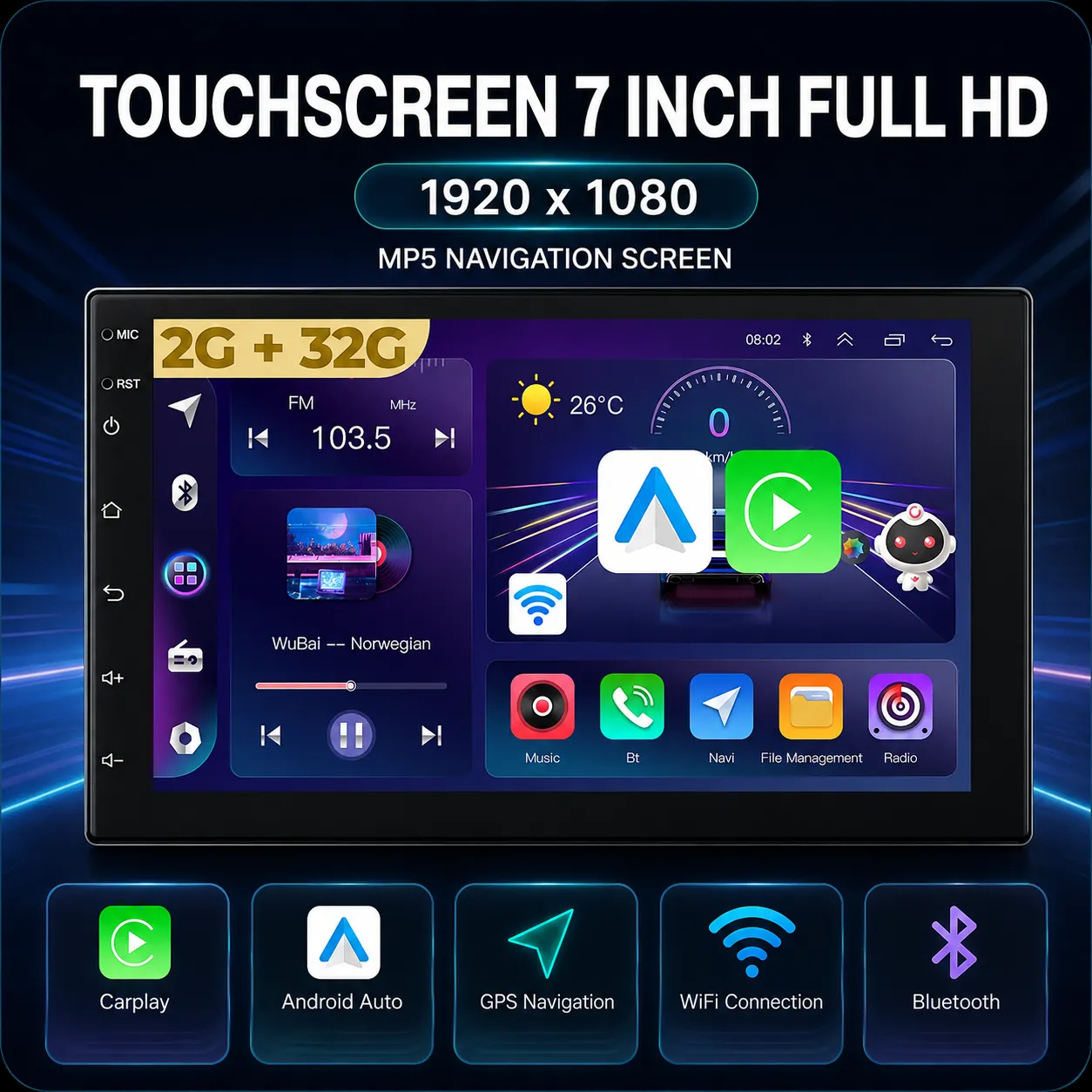 Timebox navigație auto 7 inch CarPlay wireless 2+32G