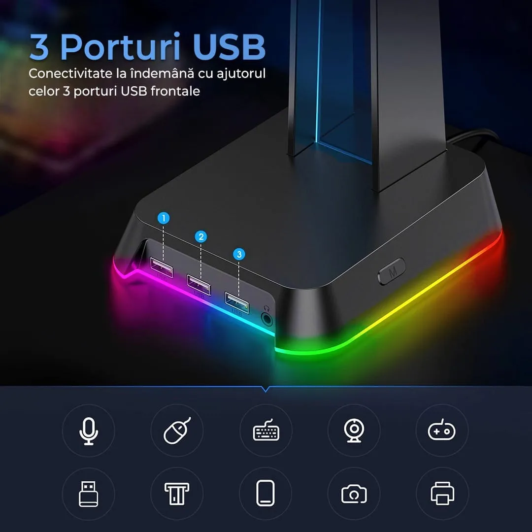 Timebox suport casti gaming RGB Negru 3x USB Jack 3.5mm