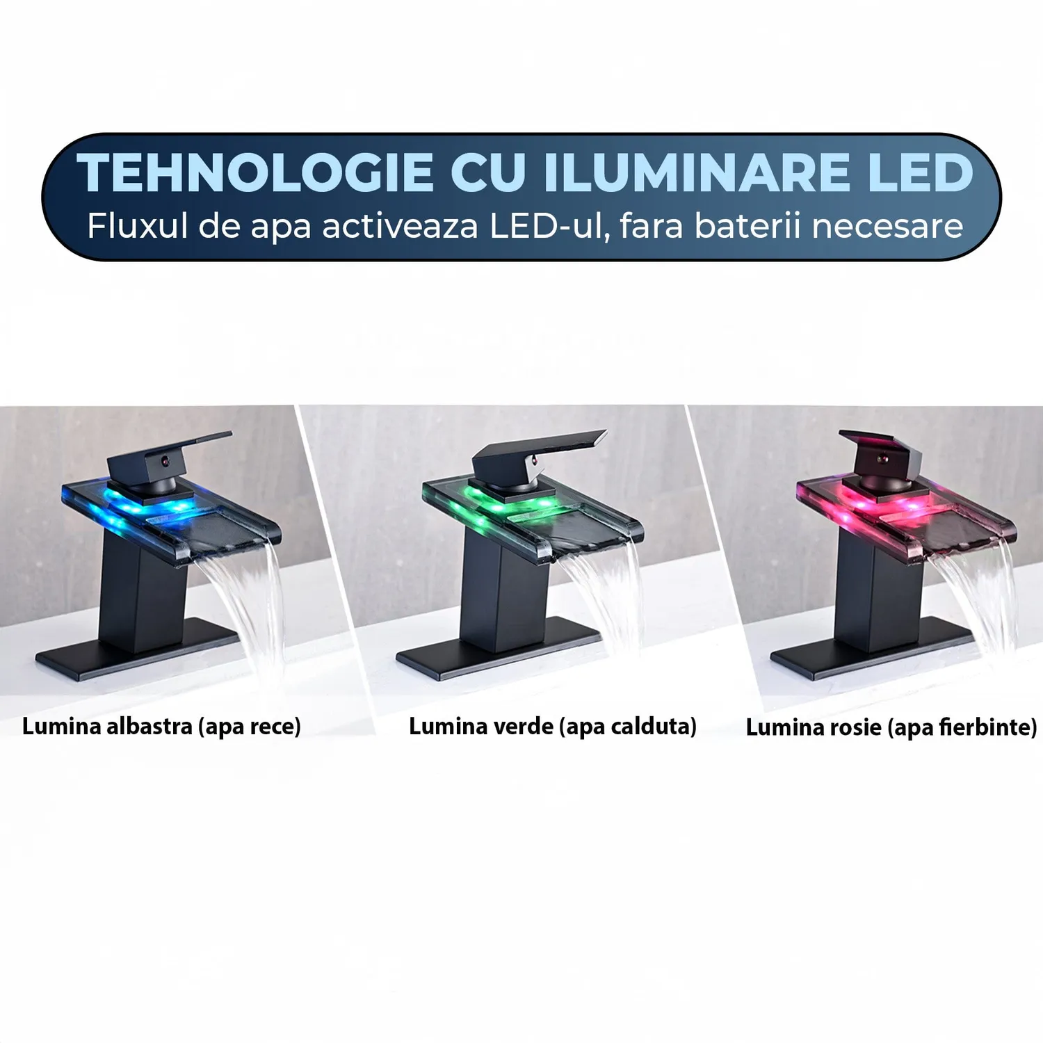 Baterie chiuveta Timebox cascada LED negru mat