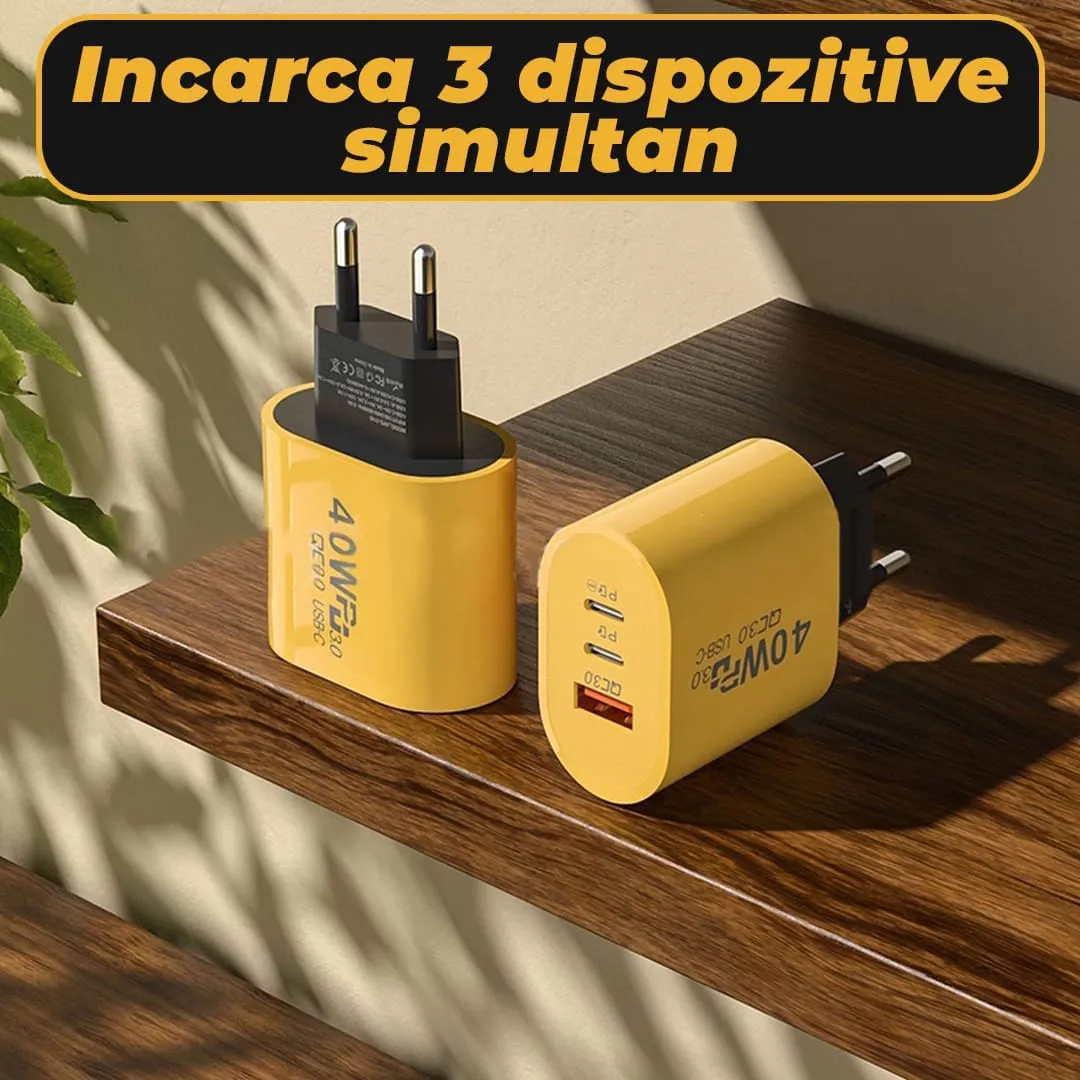 Timebox incarcator retea 40W 3 porturi Type-C USB Galben