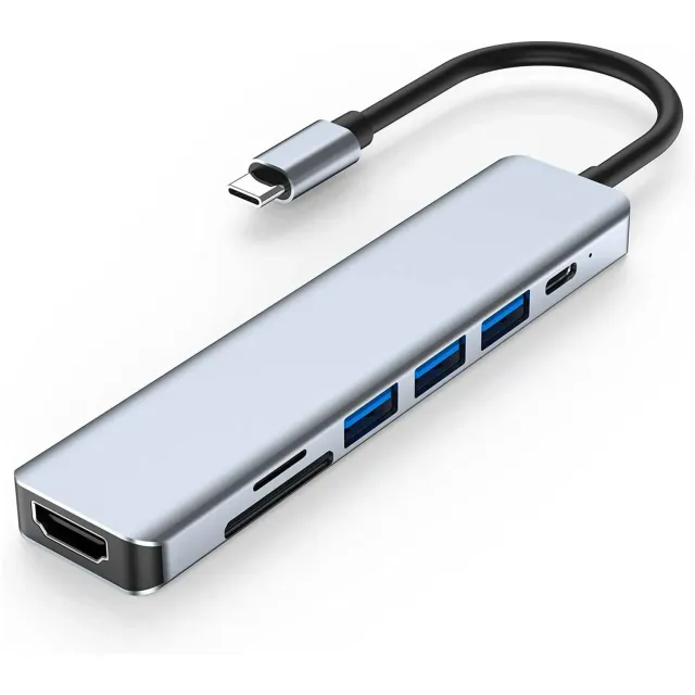 Timebox Hub USB 7 în 1 Type-C argintiu cu HDMI 4K