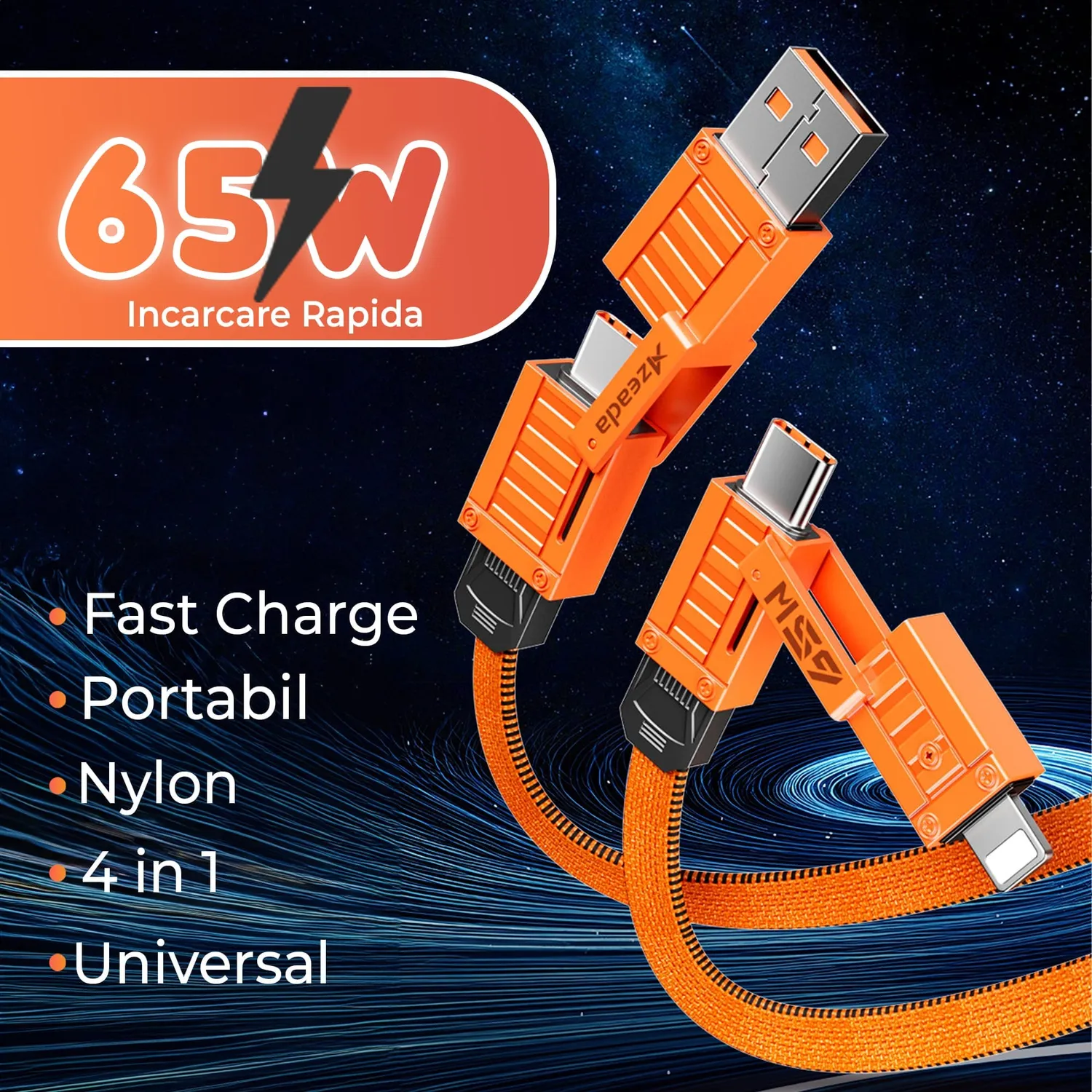 Timebox Cablu incarcare 4 in 1 65W 1,5m Portocaliu