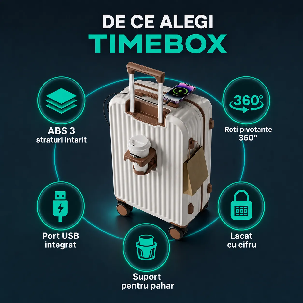 Timebox 20" Troler Cabina ABS 34x22x55cm Alb cu Port USB
