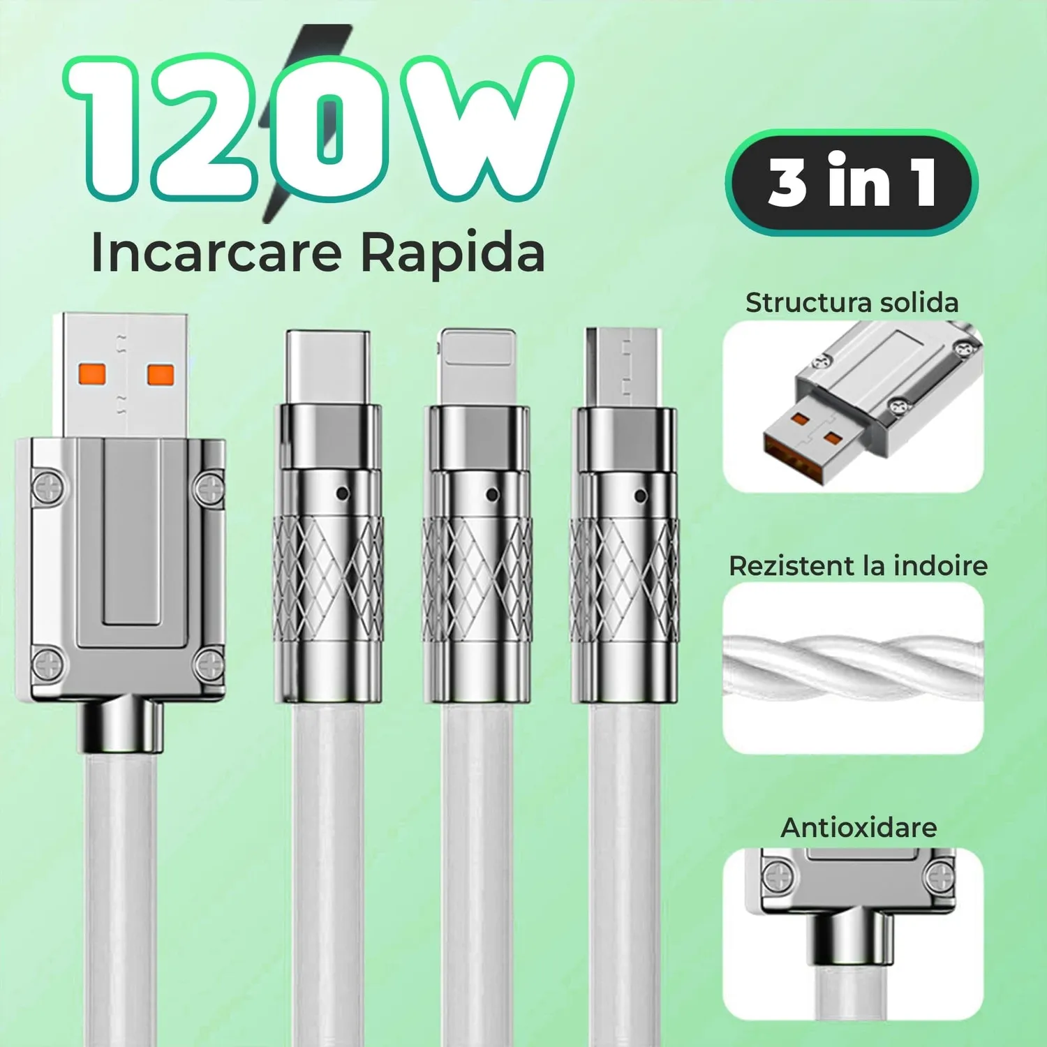 Timebox cablu 3 in 1 120W 1,2m USB-C Lightning alb