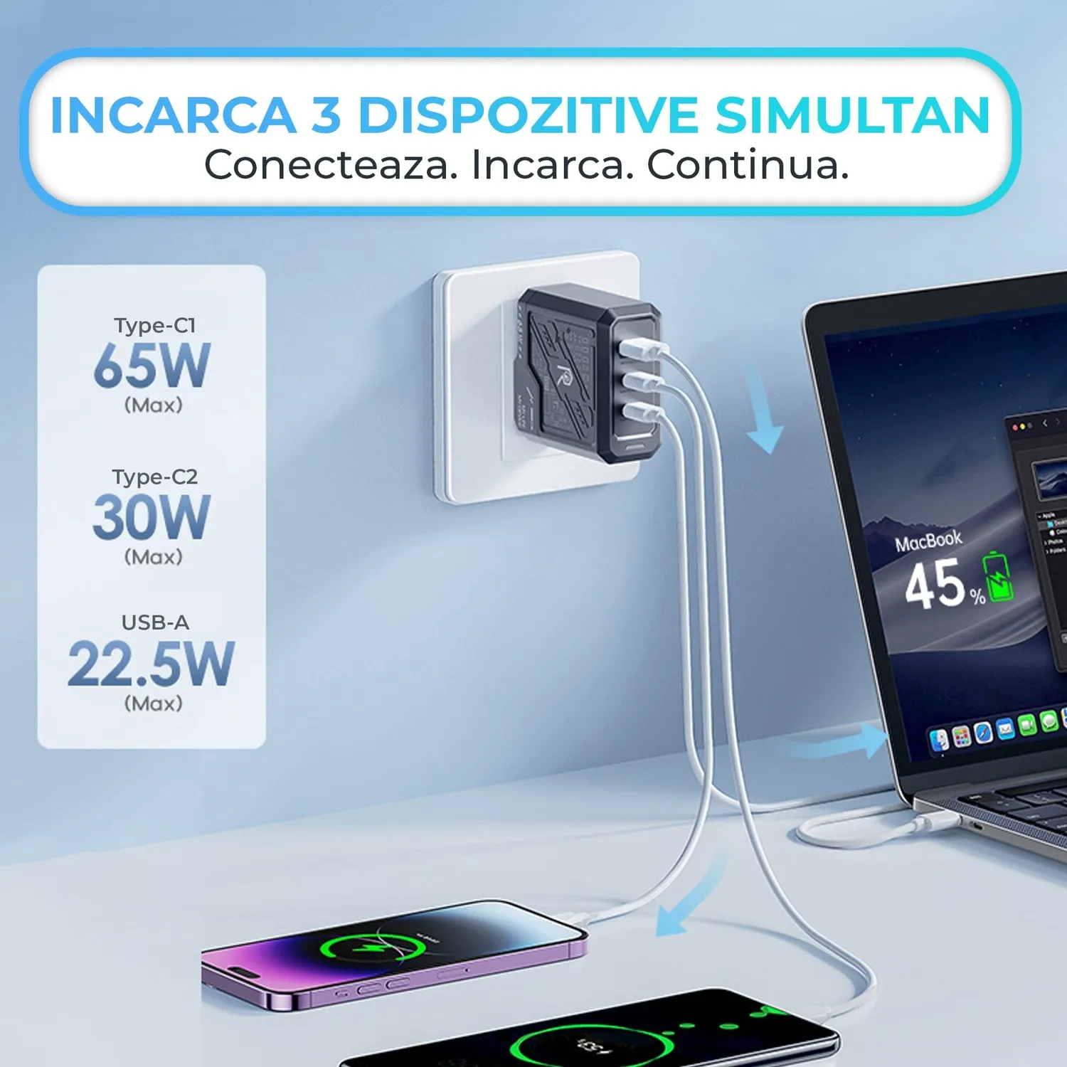 Timebox 65W 3 Porturi încărcător rețea negru fast charge