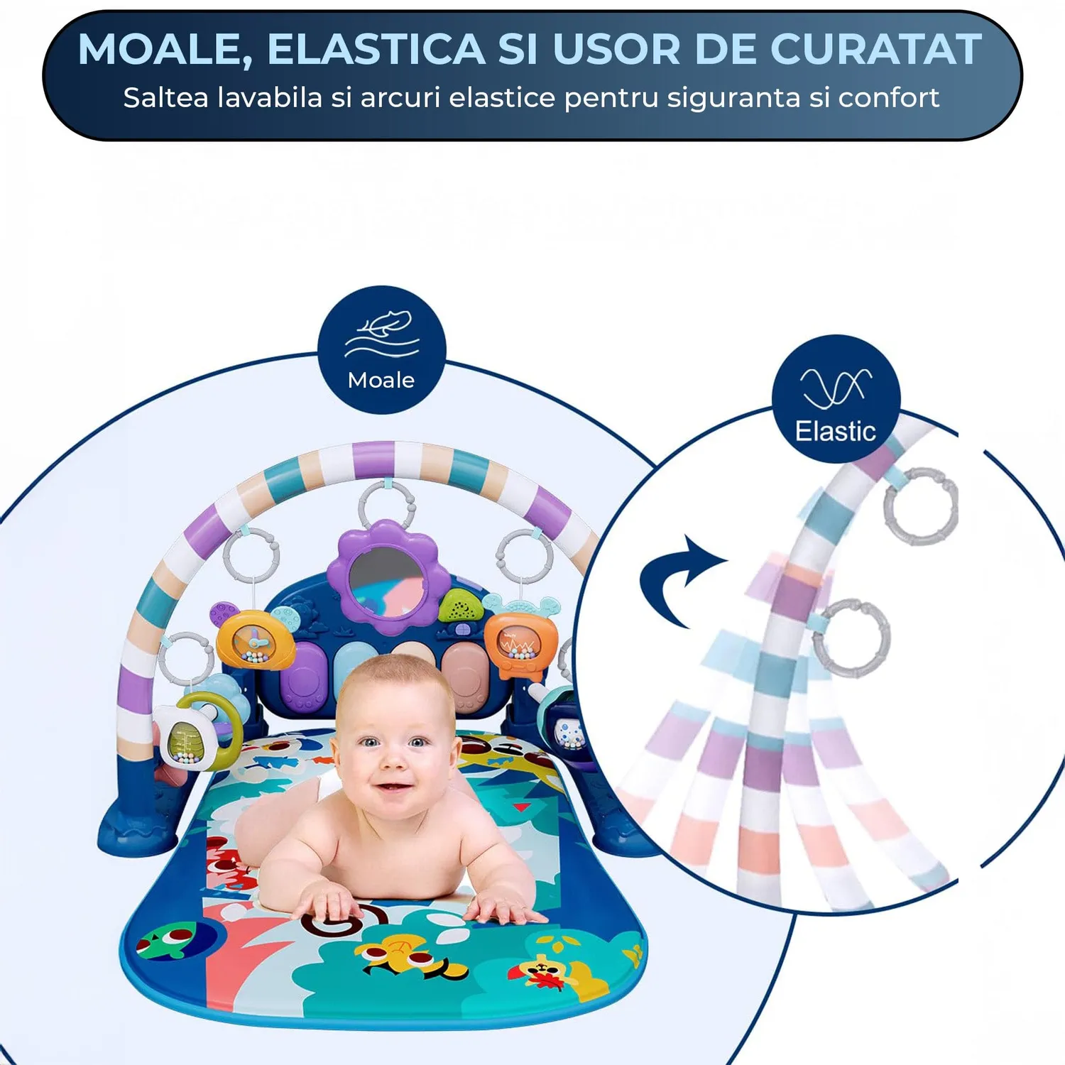 Timebox saltea Joaca Bebe cu pian senzoriala albastru 5in1