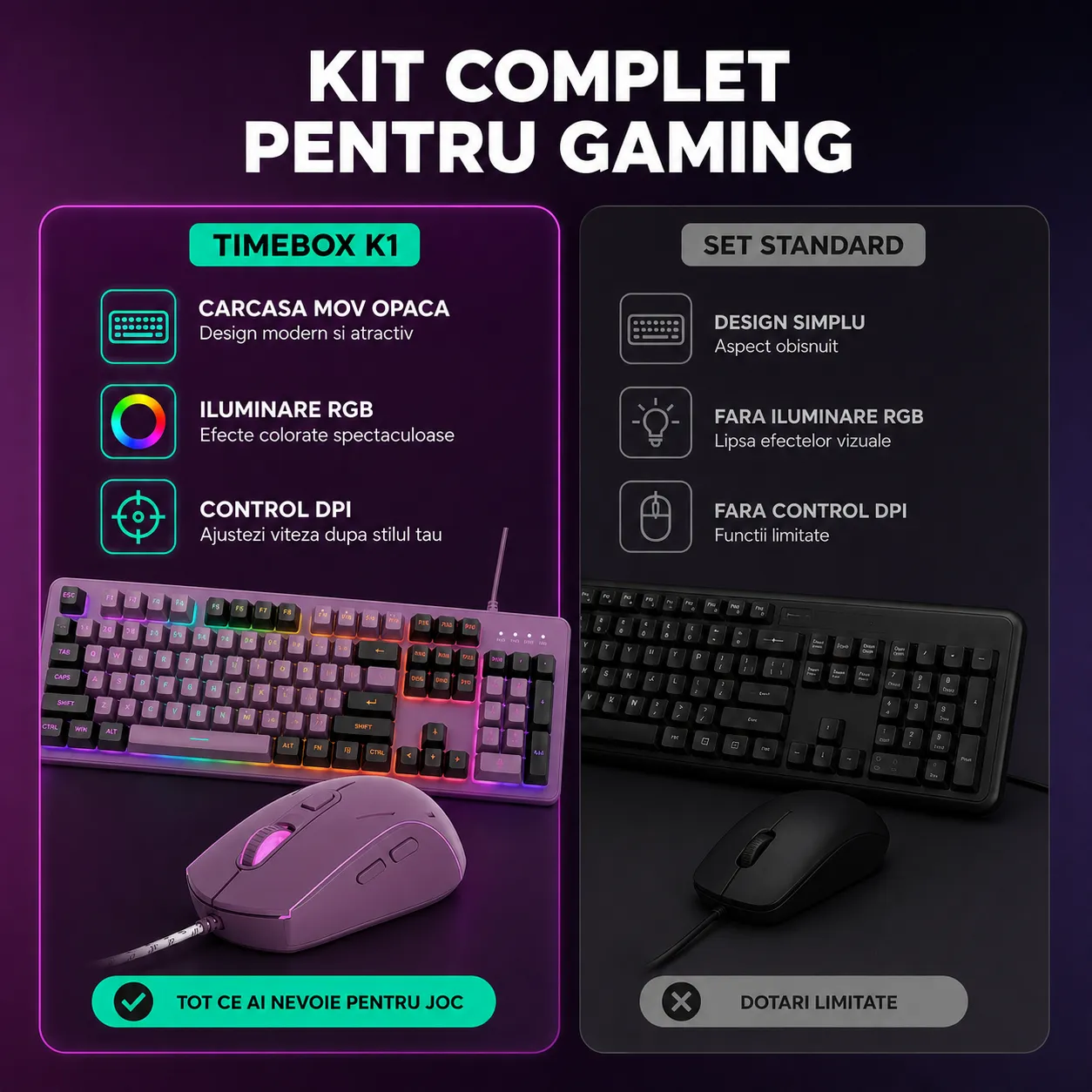 Timebox kit gaming tastatura mouse RGB mov full-size 8 culori