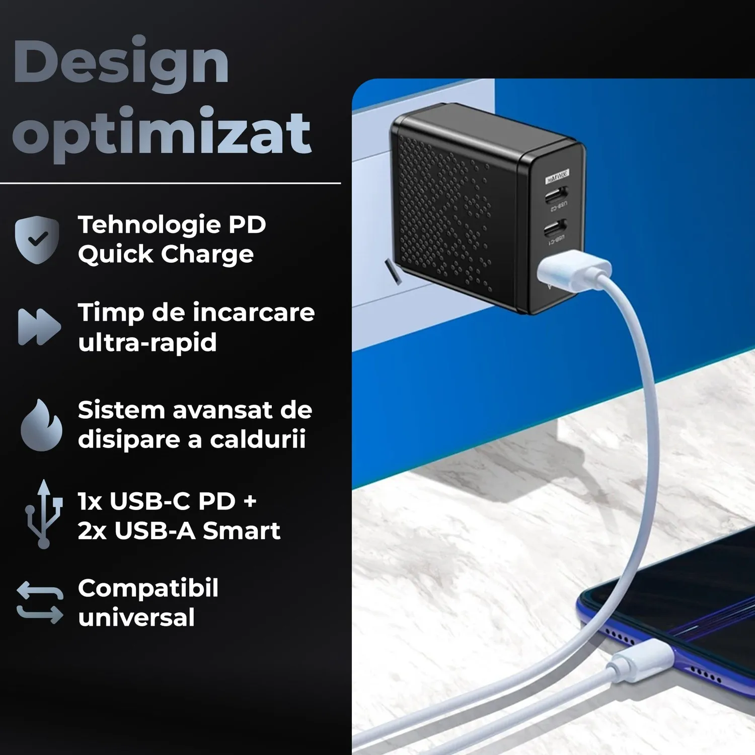 Timebox încărcător telefon 30W negru LED 3 porturi