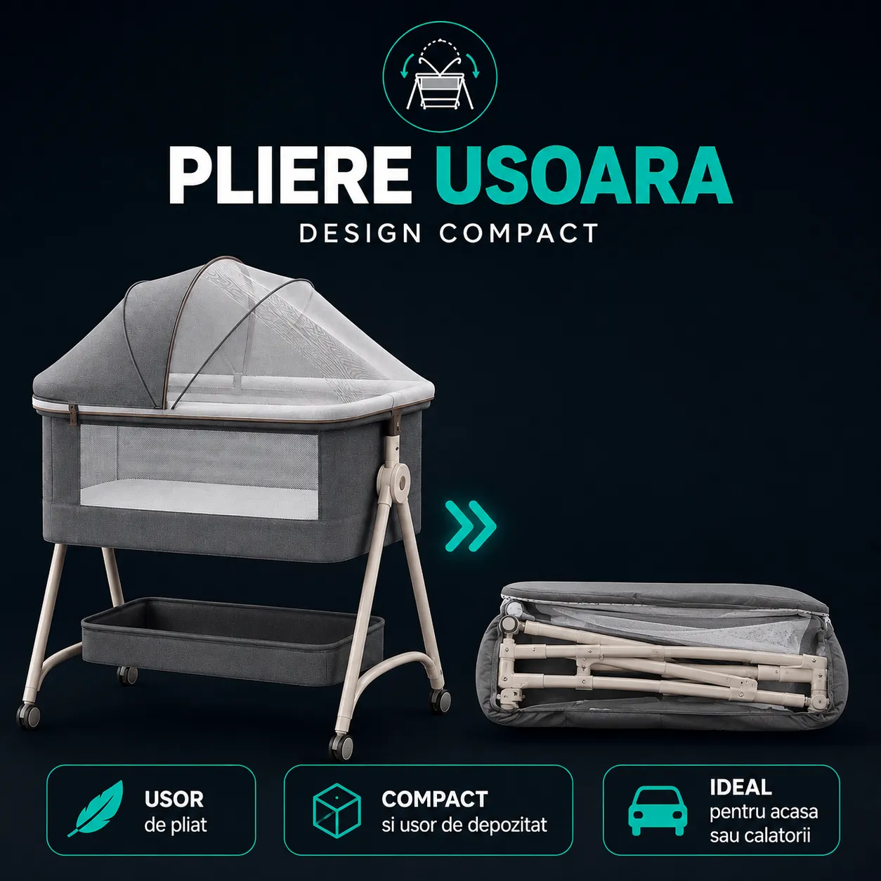 Timebox Pătuț Pliabil Co-Sleeper Gri cu Saltea