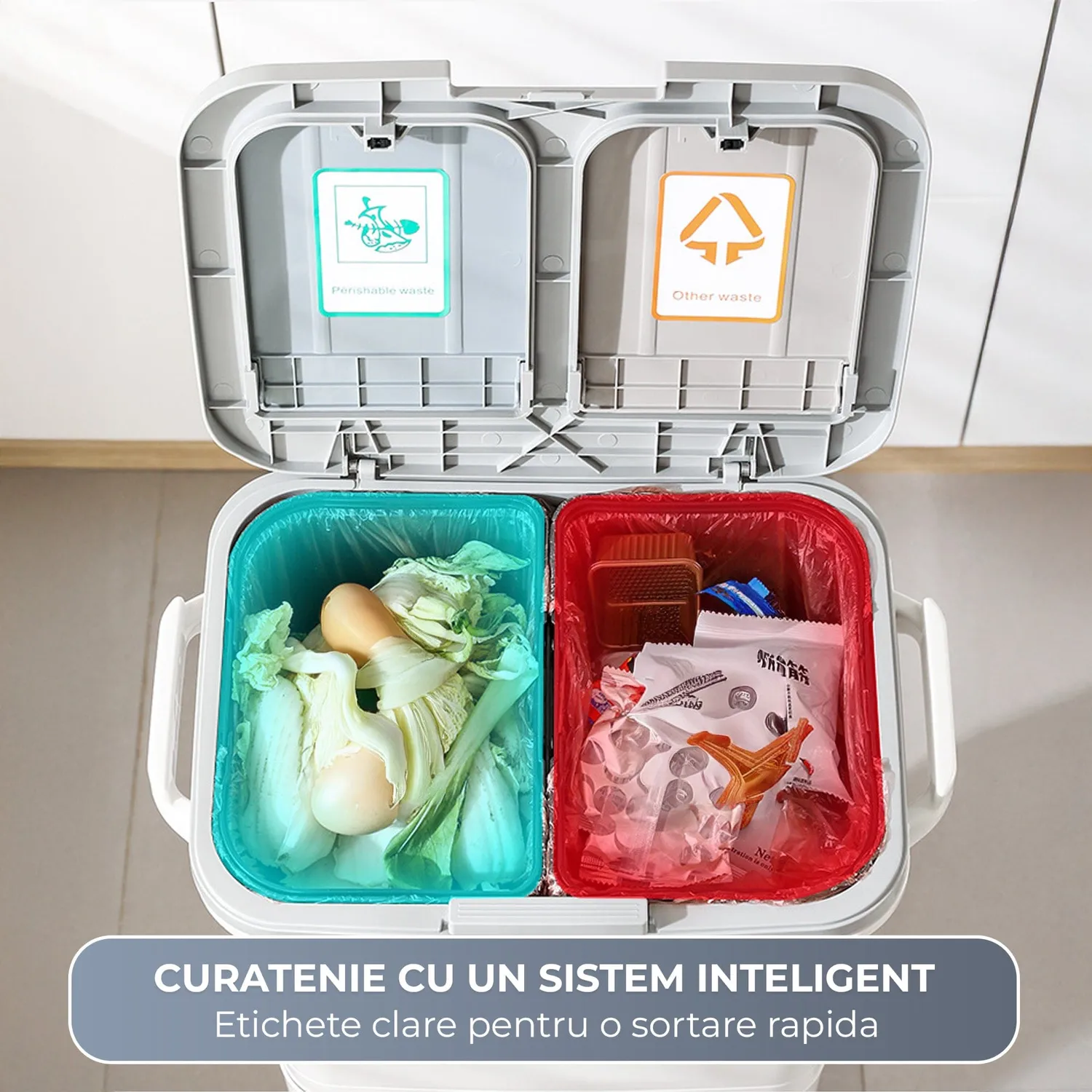 Timebox 42L cos gunoi bucatarie alb dublu cu pedala silentioasa