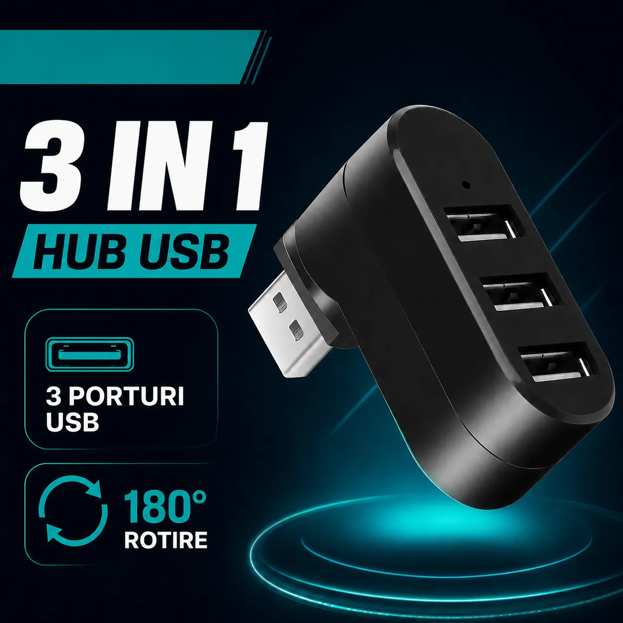 Timebox 3 in 1 hub USB adaptor 3 porturi negru rotativ