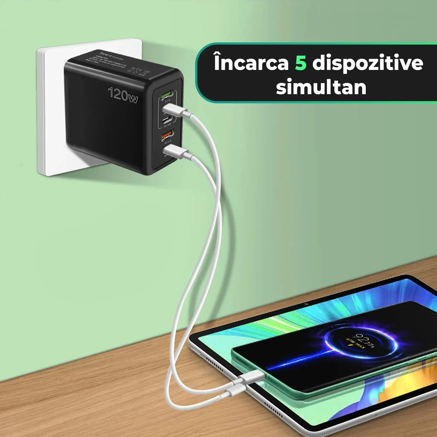 Timebox 120W incarcator retea alb 5 porturi Fast Charge