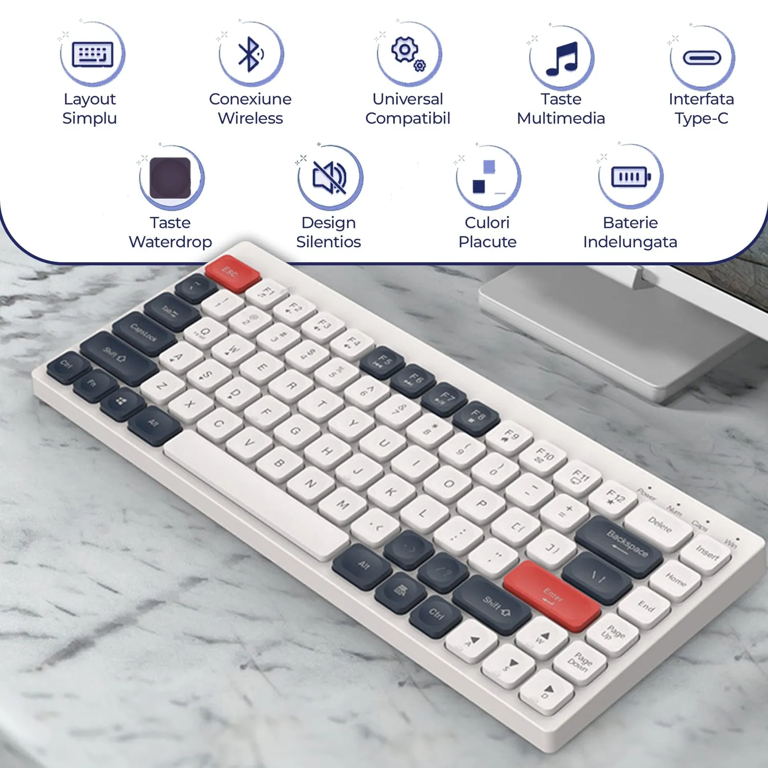 Timebox Tastatură slim wireless alb albastru low-profile