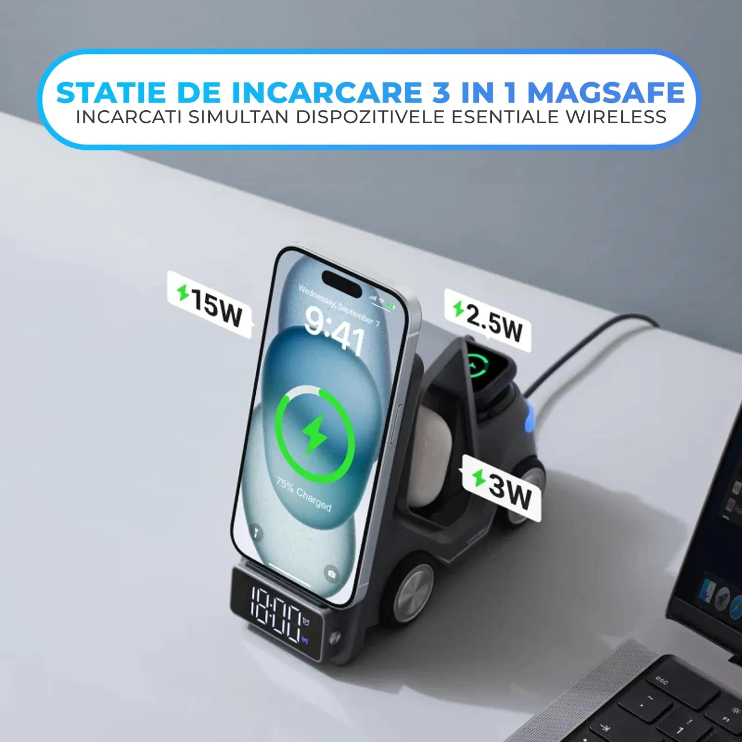 Timebox Incarcator wireless 3 in 1 15W gri MagSafe