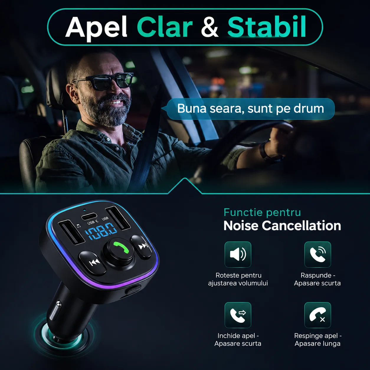 Timebox Modulator FM Bluetooth 5.0 handsfree negru QC3.0