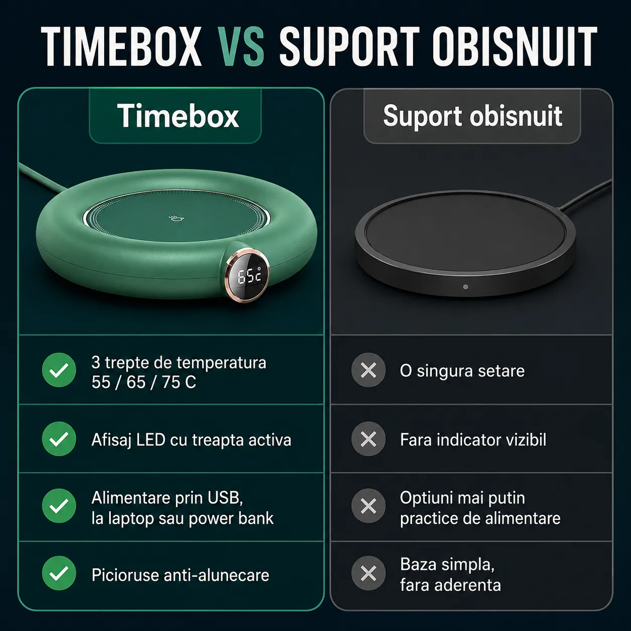 Timebox incalzitor cana USB verde 75°C 3 trepte LED