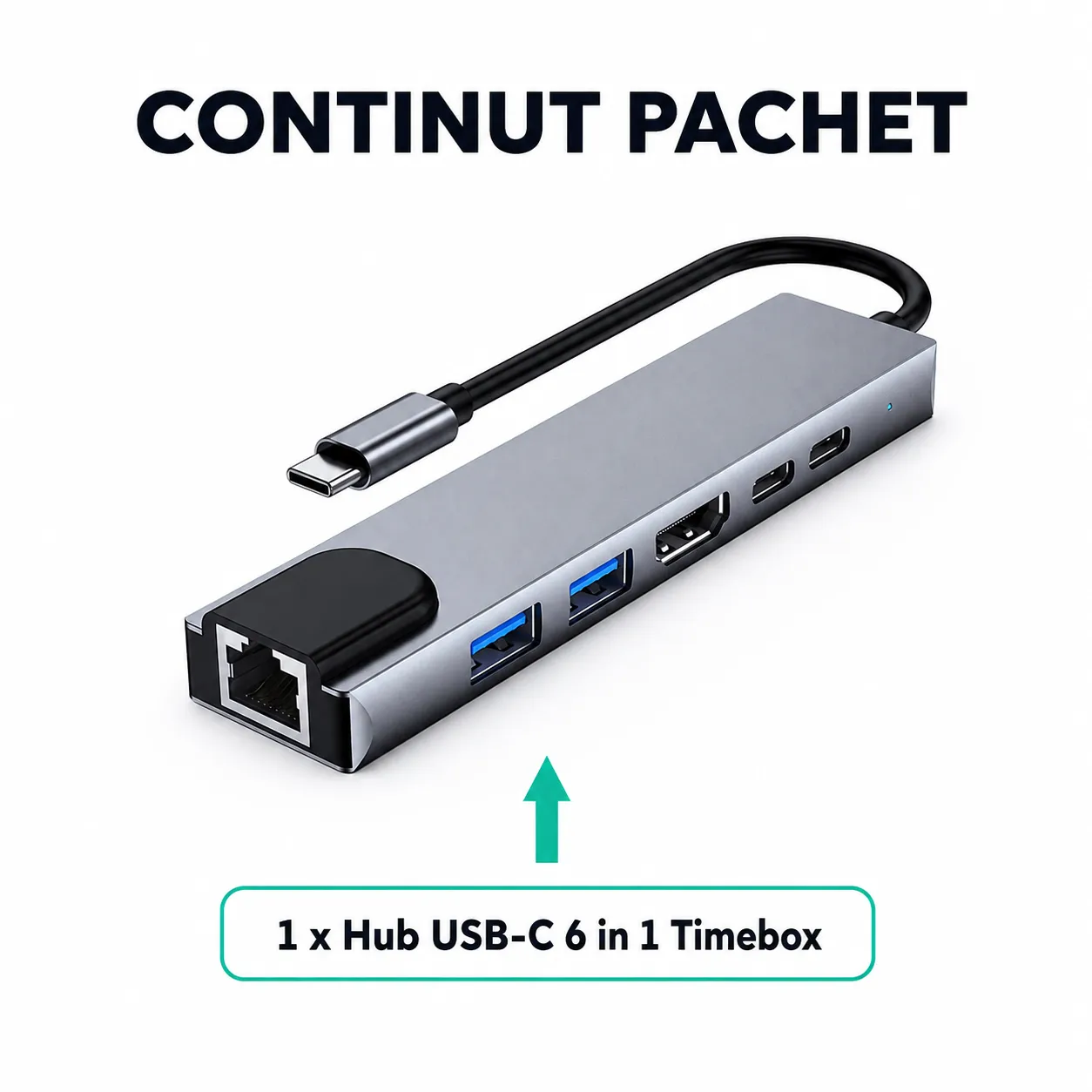 Timebox Hub USB 6 in 1 Type-C Ethernet Argintiu
