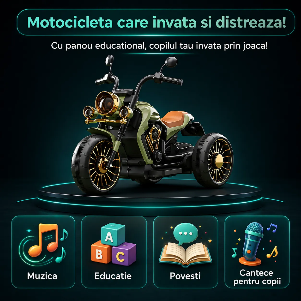 Timebox motocicletă electrică copii verde 3 roți