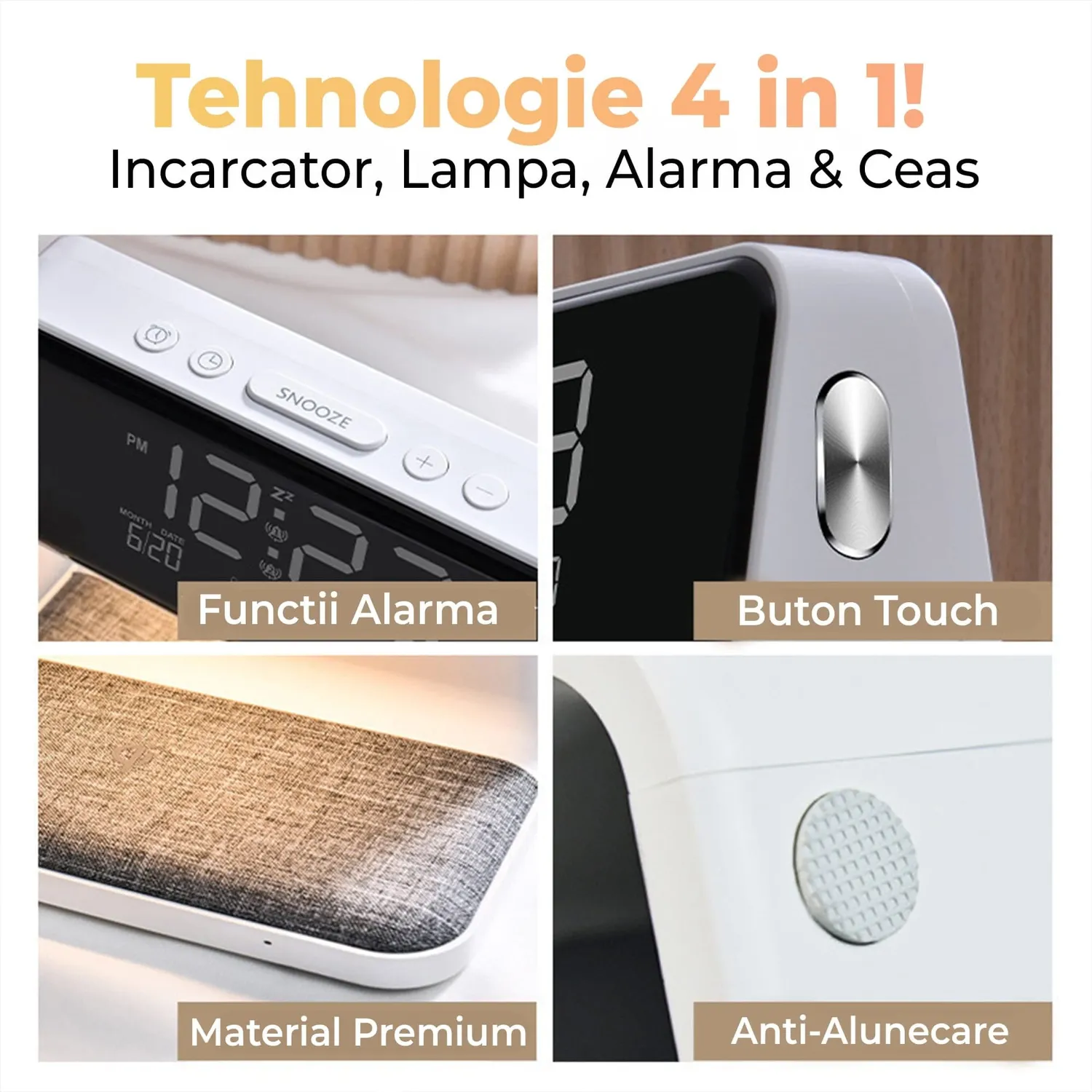 Timebox incarcator wireless 10W cu ceas alb