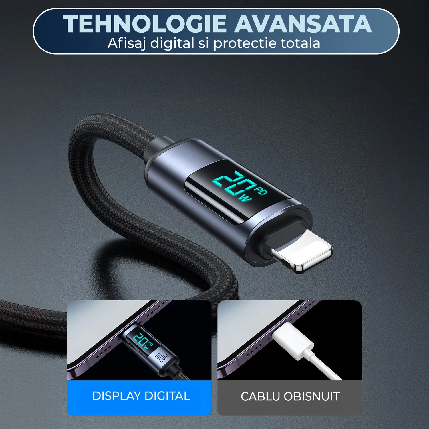 Timebox Cablu USB-C Lightning 20W Negru Display