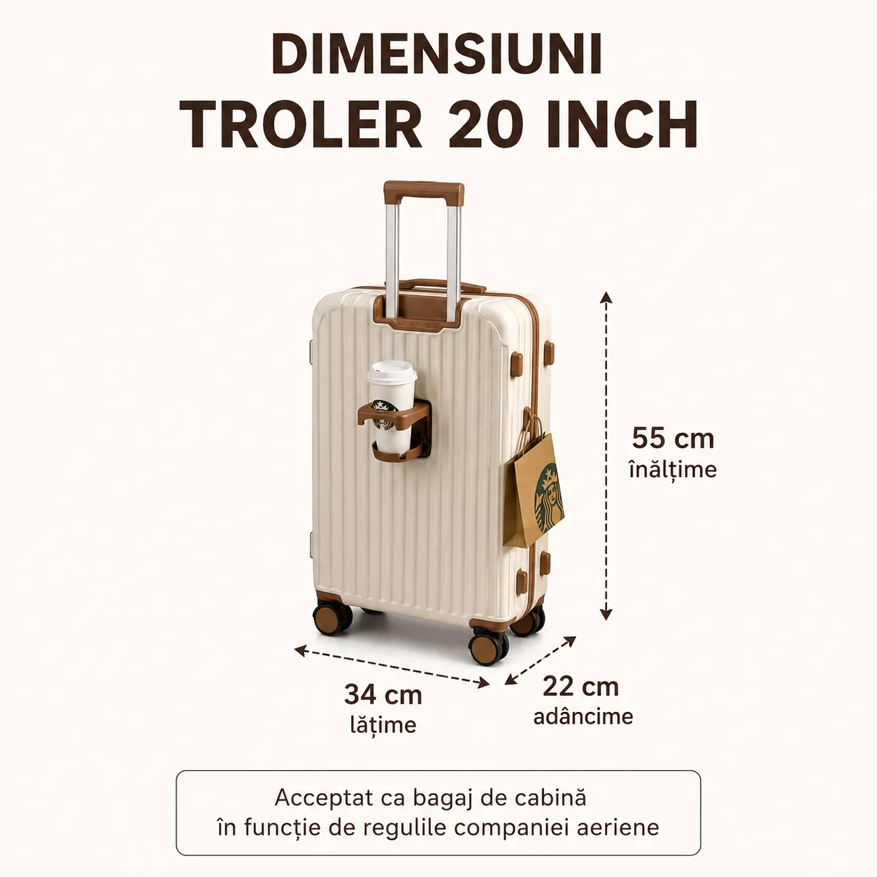 Timebox 20" Troler Cabina ABS 34x22x55cm Alb cu Port USB