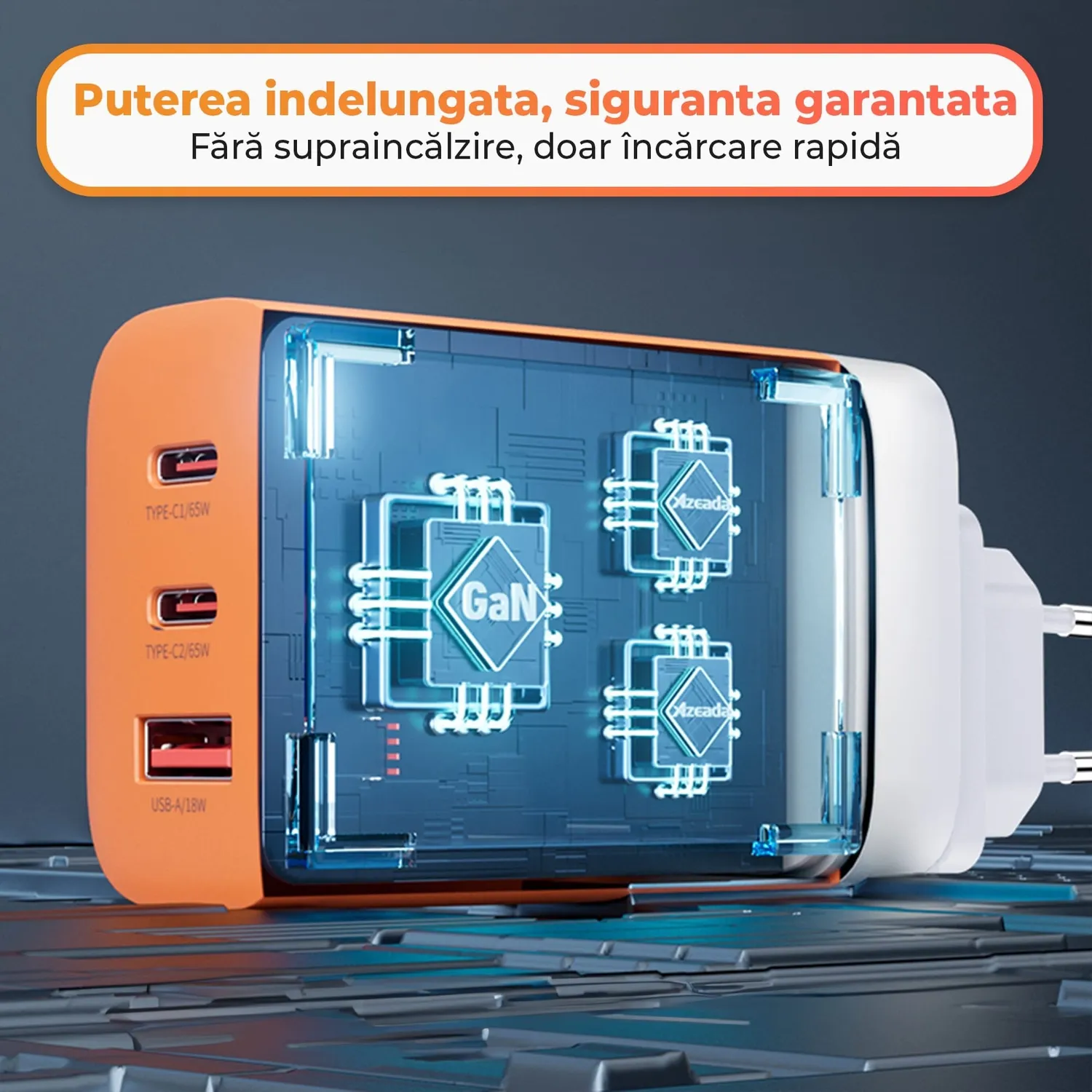 Timebox 65W 3 Porturi incarcator retea portocaliu