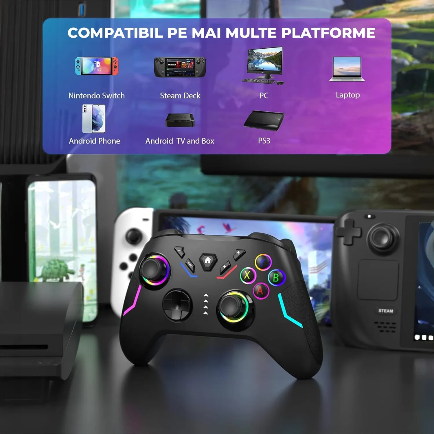 Controller wireless Timebox Switch Steam Deck negru RGB