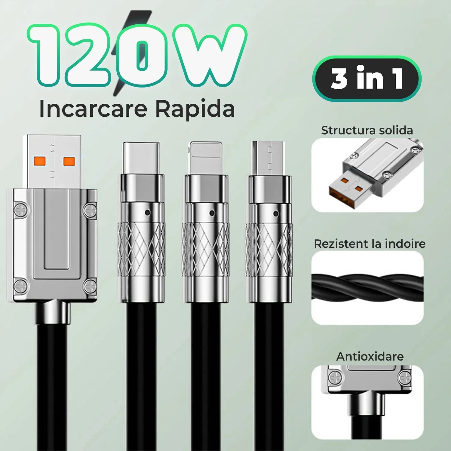 Timebox 120W cablu incarcare 3 in 1 1,2m negru QC3