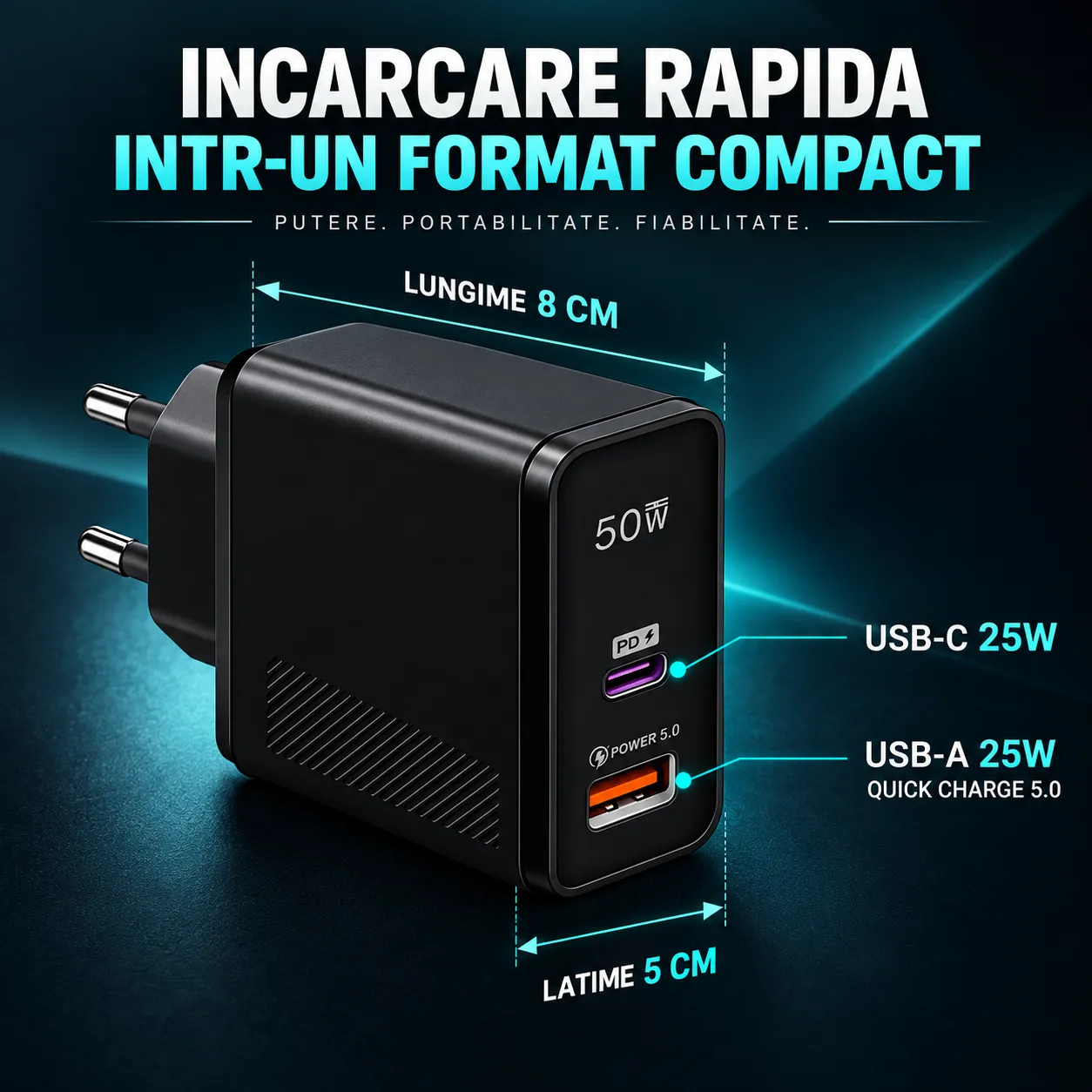 Timebox Incarcator Retea 2 Porturi 50W Negru