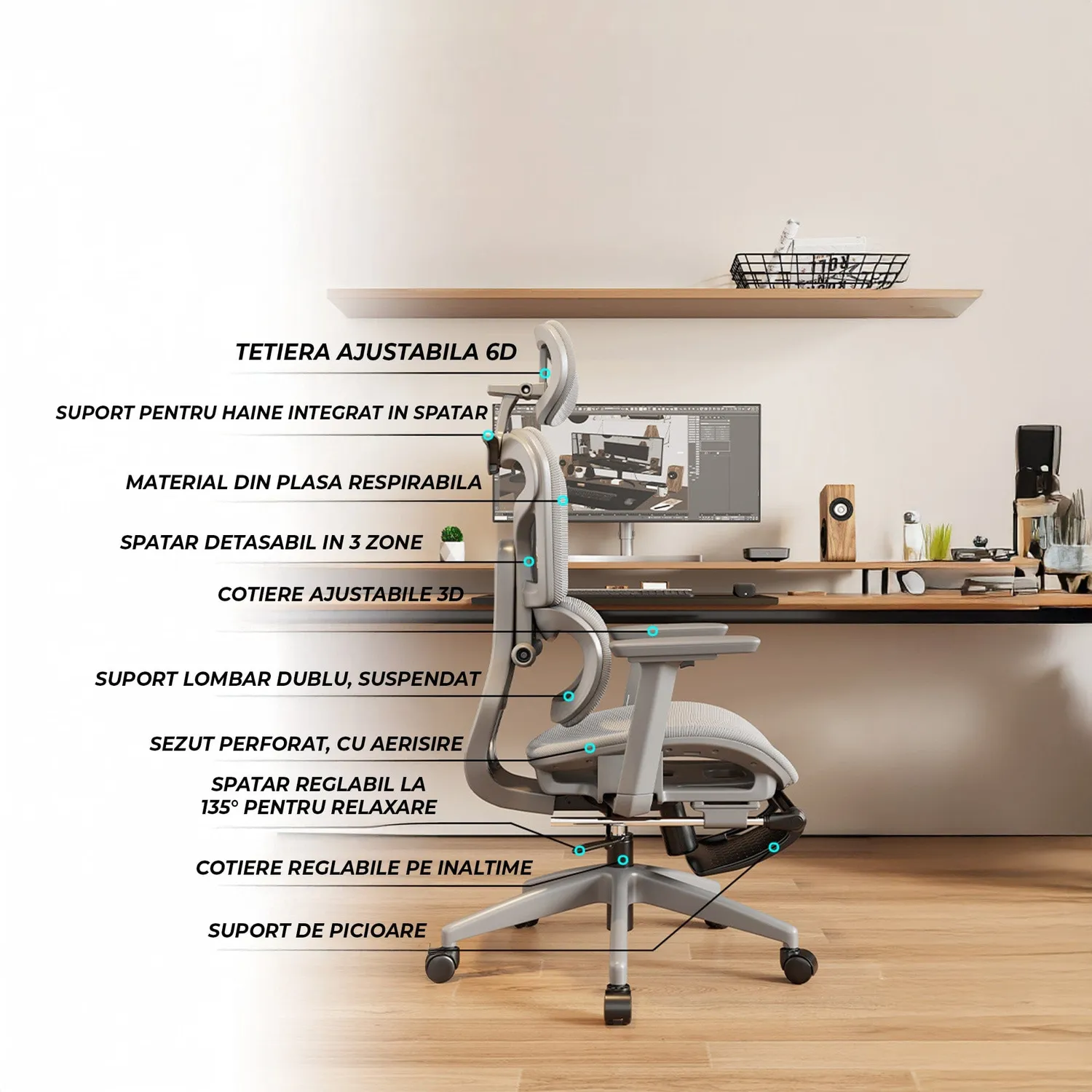 Timebox Scaun Ergonomic Gaming Birou Gri 360 Suport Lombar