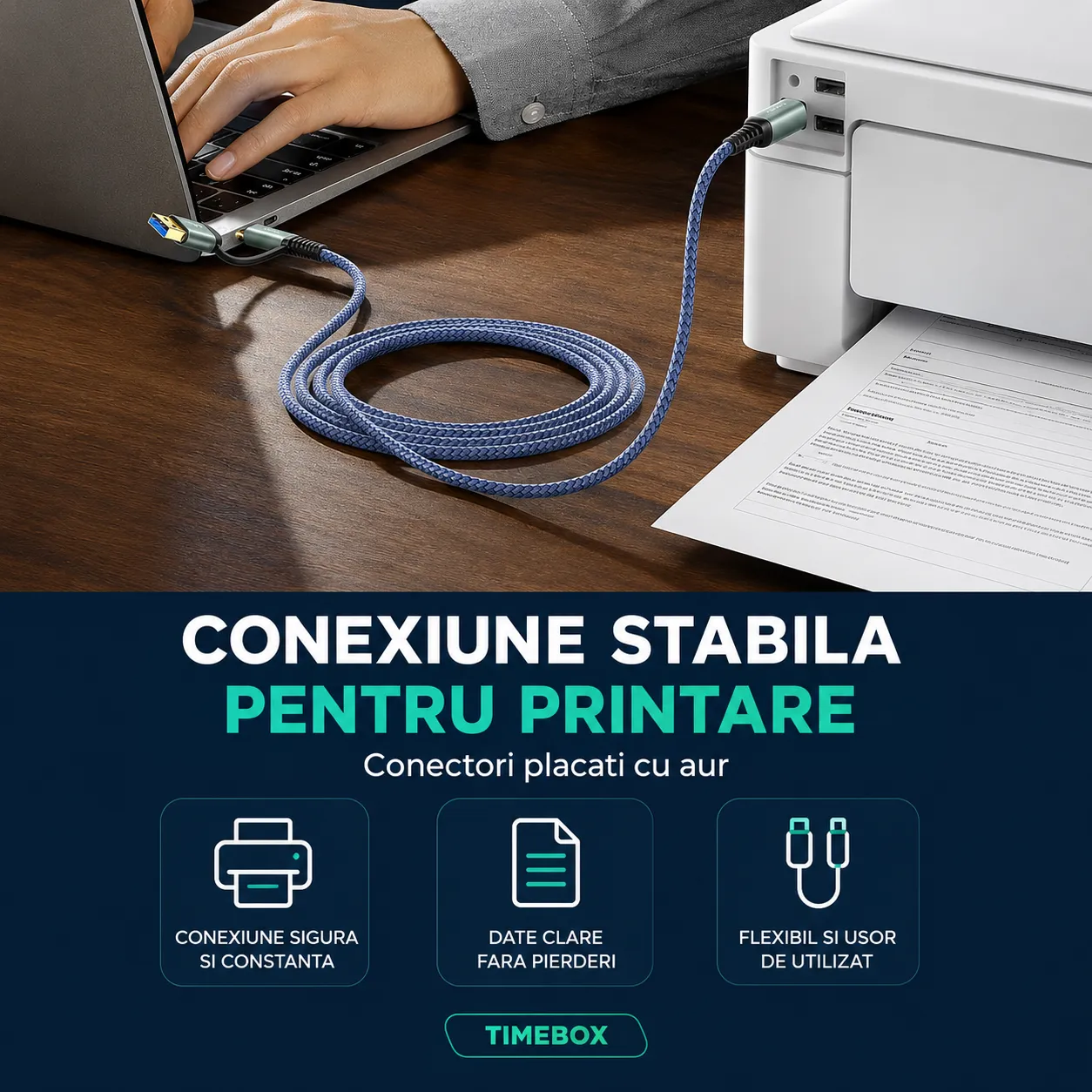 Timebox Cablu Imprimanta USB/USB-C la USB-B 2m Gri