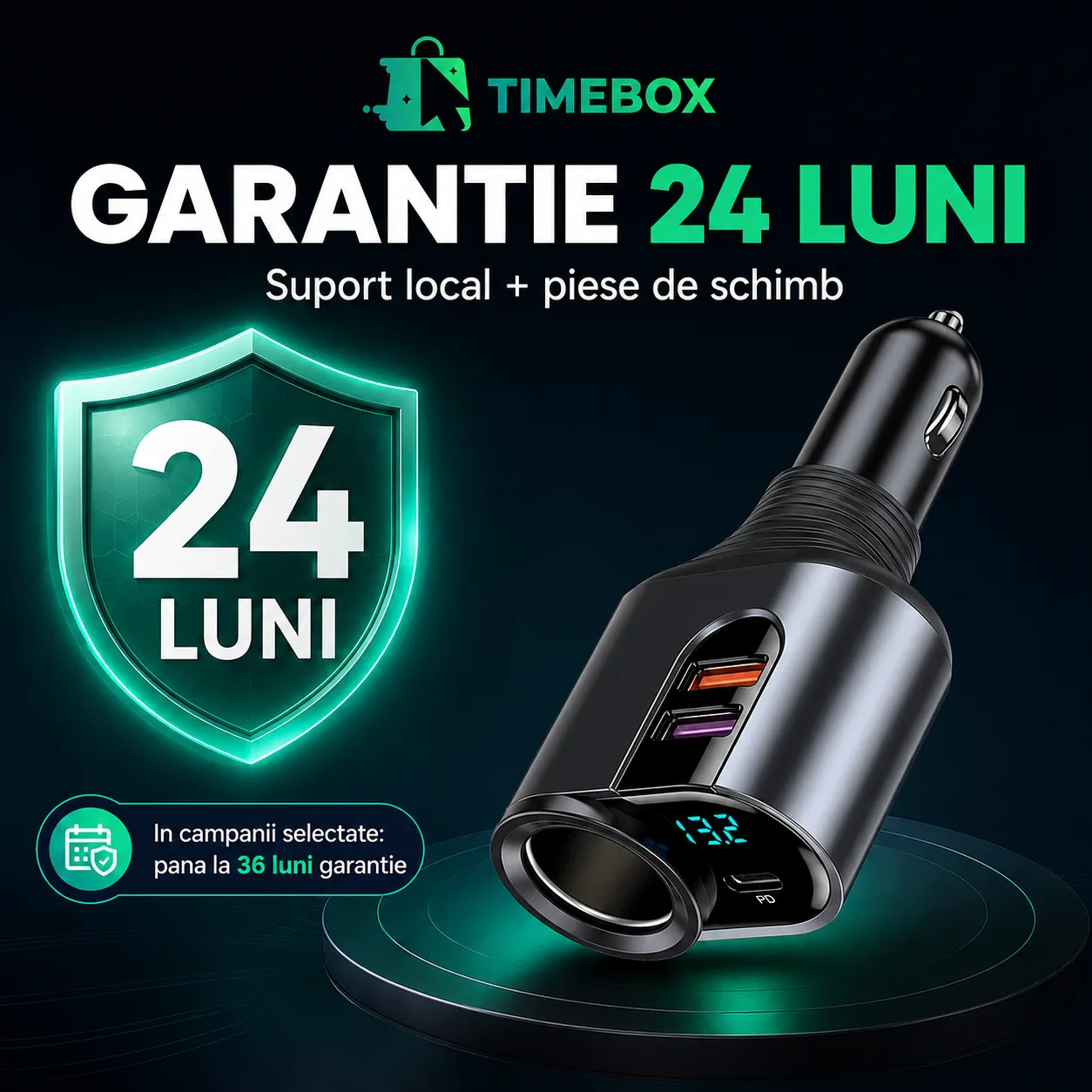 Adaptor auto Timebox 166W 4in1 negru USB-C PD