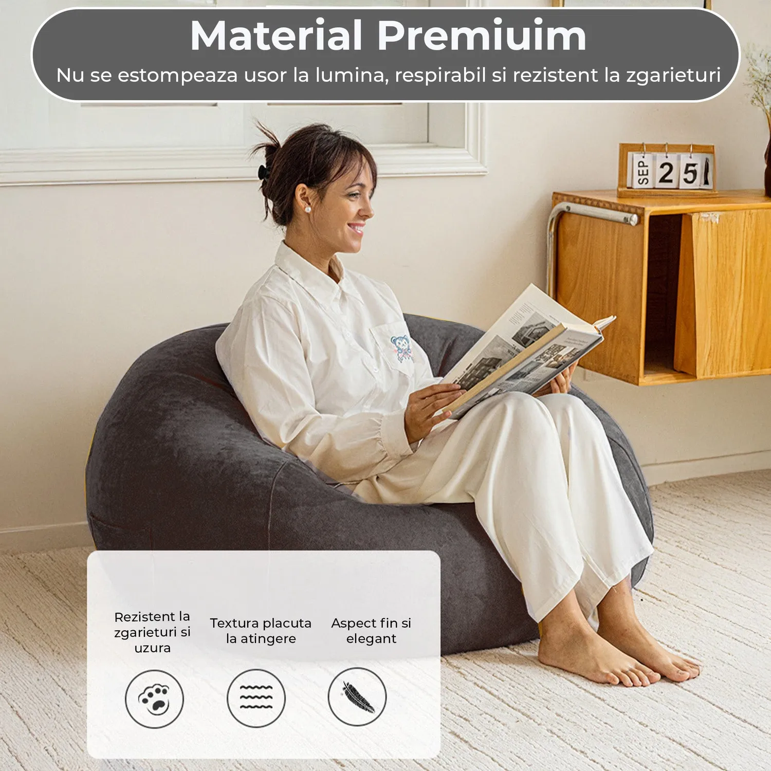 Timebox Bean Bag fotoliu puf gri impermeabil cu suport