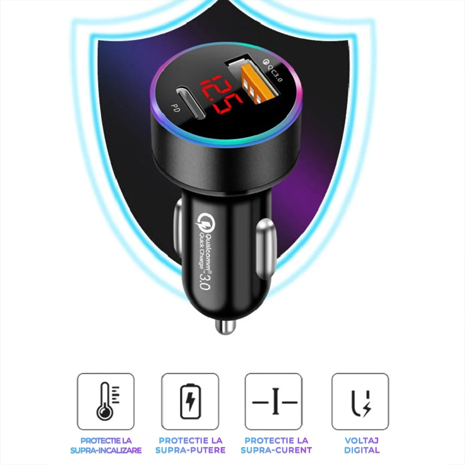 Timebox incarcator auto 36W Type-C USB Quick Charge 3 negru