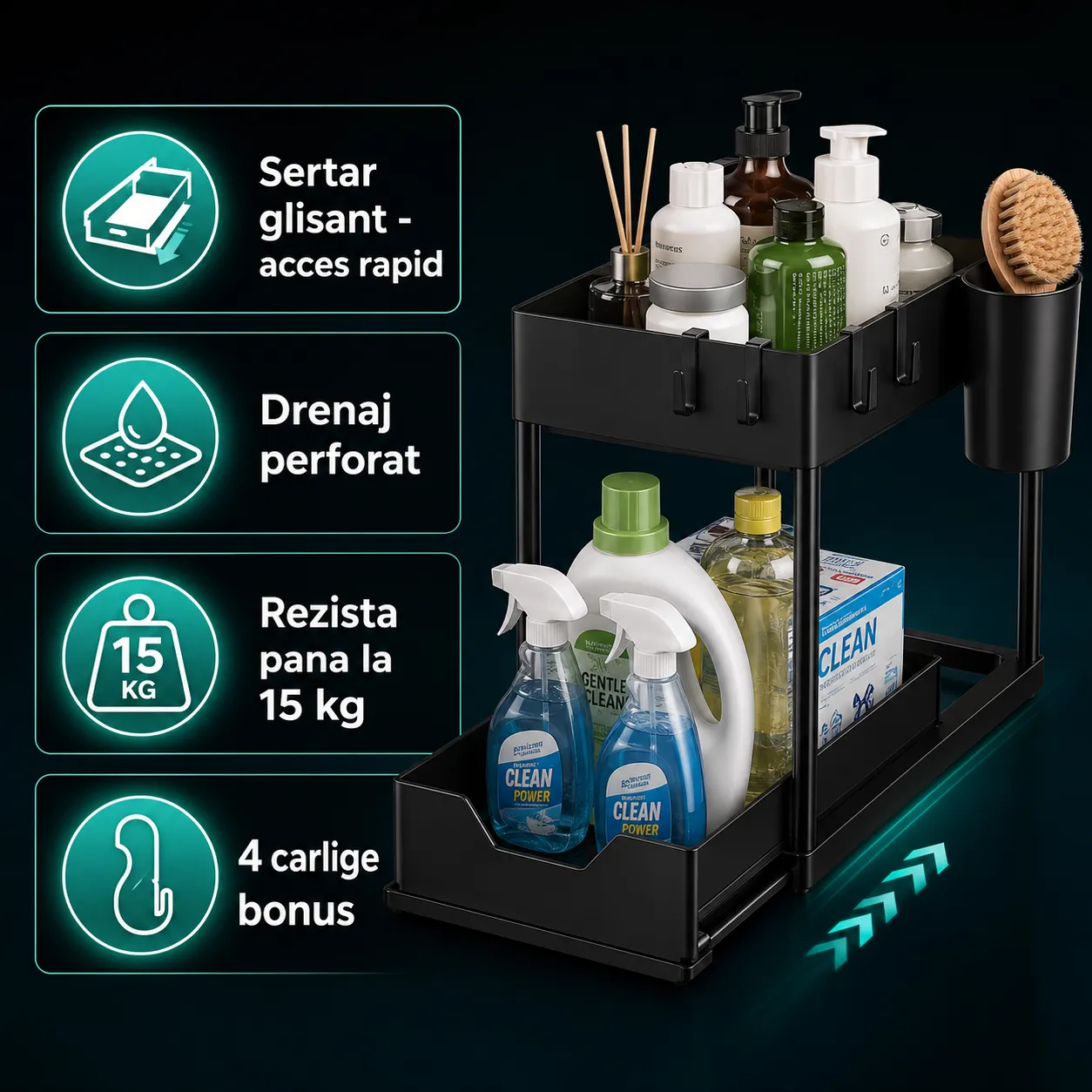 Timebox 2 Niveluri organizator dulap negru 15kg glisant