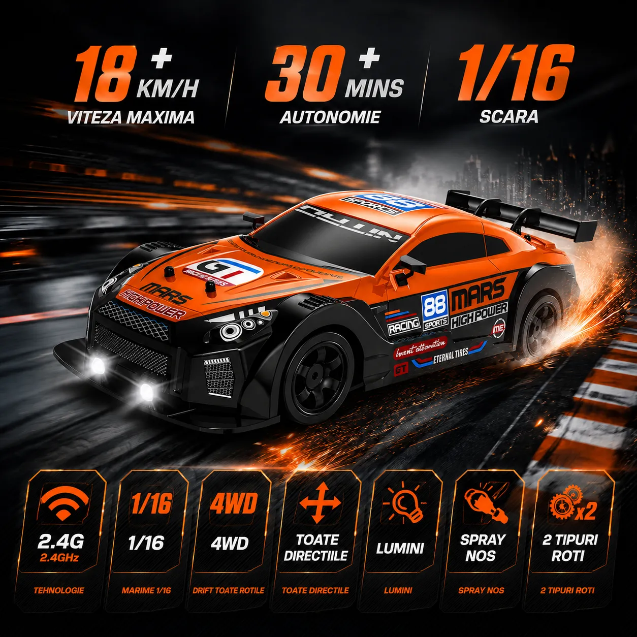 Timebox masina RC drift 1:16 20 km/h portocaliu 2 baterii