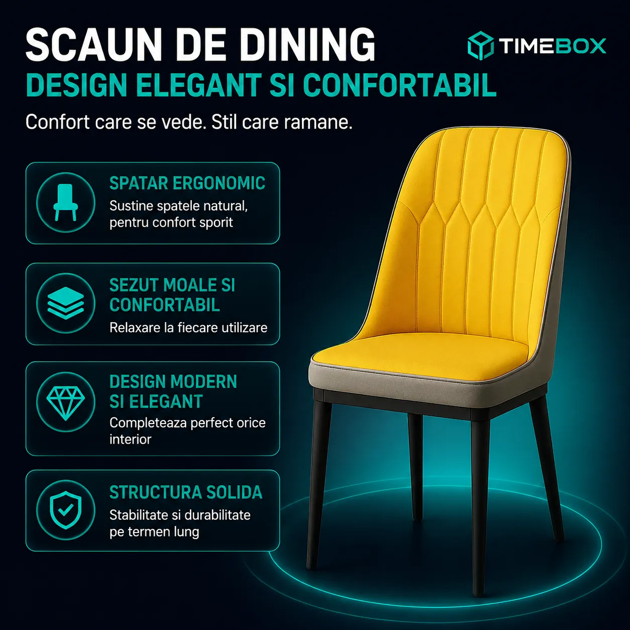 Scaun dining Timebox galben piele ecologica