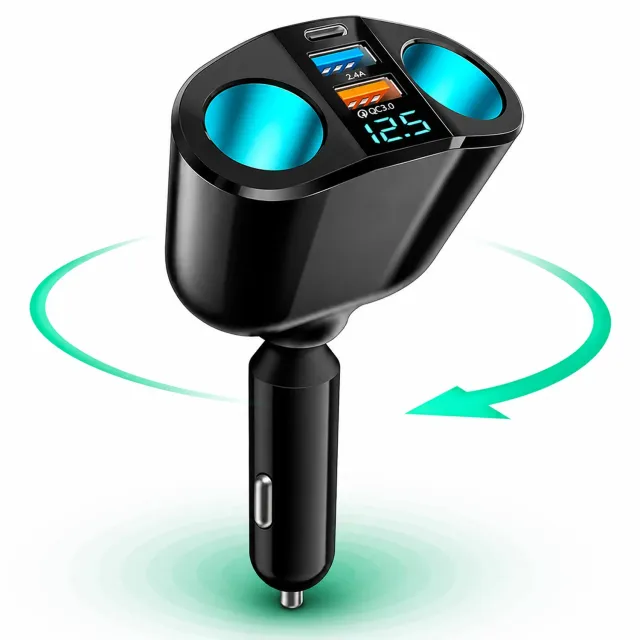 Adaptor auto Timebox 120W cu 2 prize și USB negru