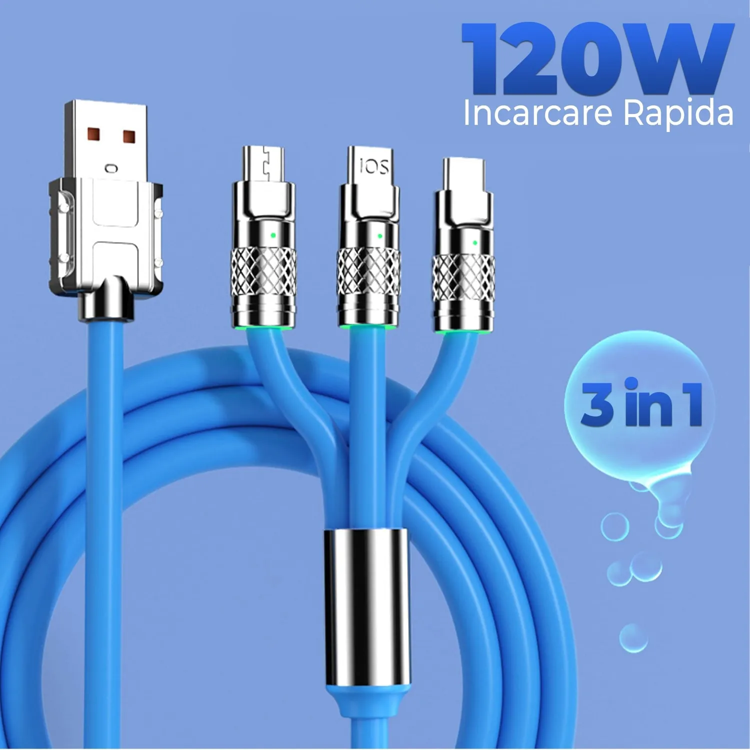 Timebox cablu 3 in 1 120W 1,2m albastru QC3.0