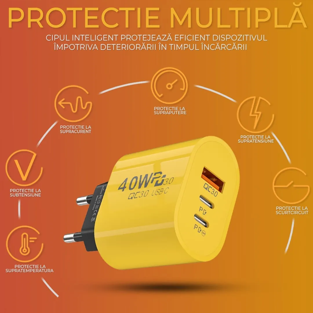 Timebox incarcator retea 40W 3 porturi Type-C USB Galben
