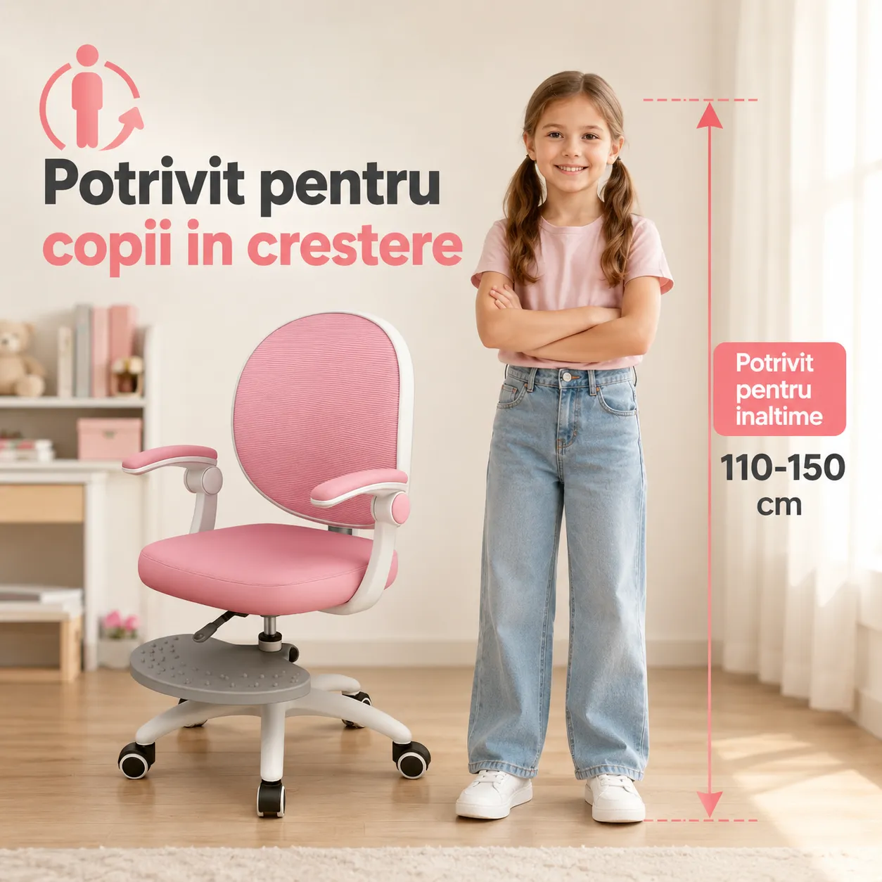 Timebox scaun birou copii roz ergonomic reglabil