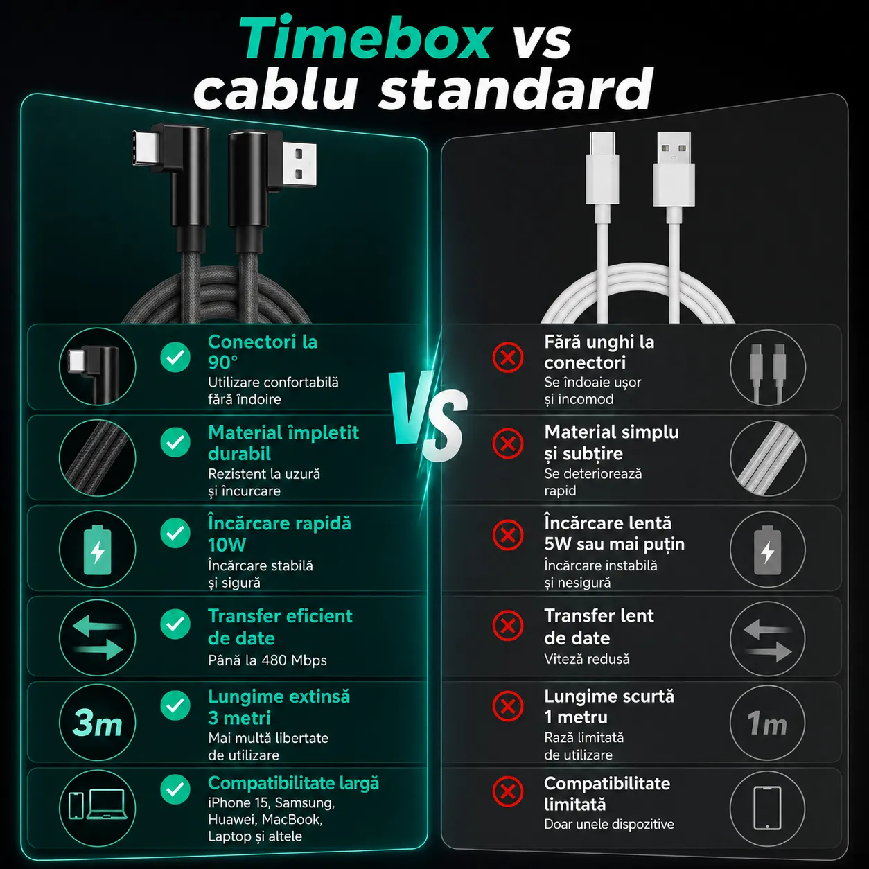 Timebox cablu USB-C 3m negru 90 grade împletit 10W