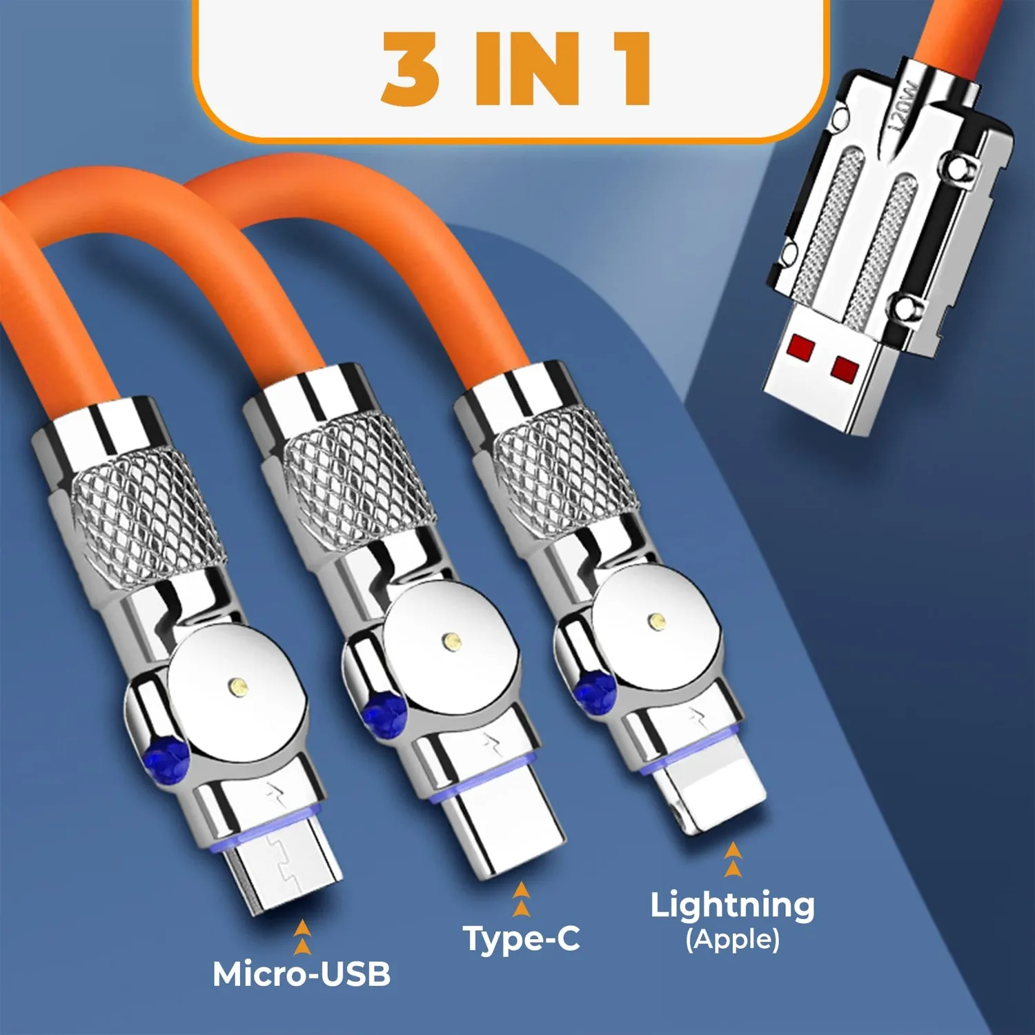 Timebox cablu 3 în 1 120W 1,2m portocaliu USB-C/Lightning