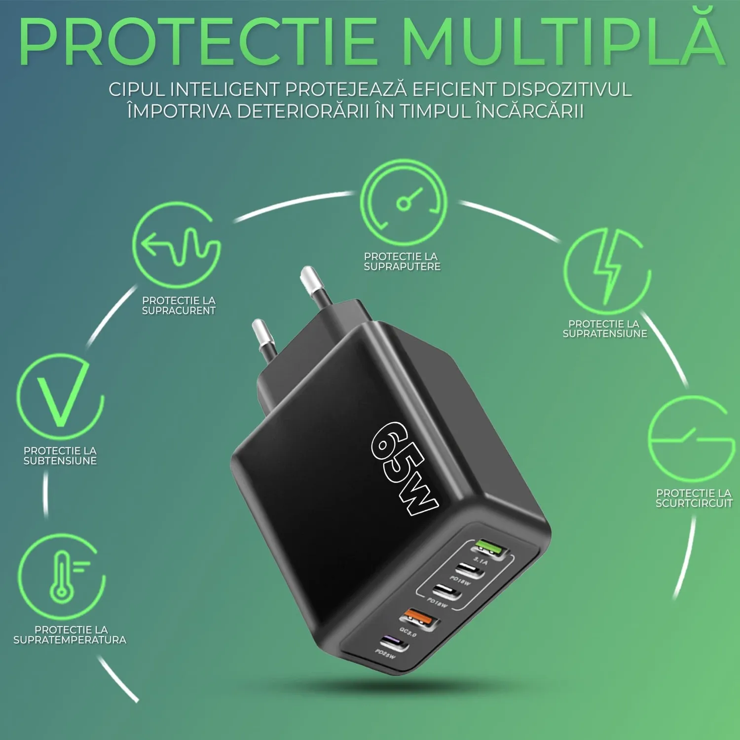 Incarcator retea Timebox 65W 5 porturi negru fast charge
