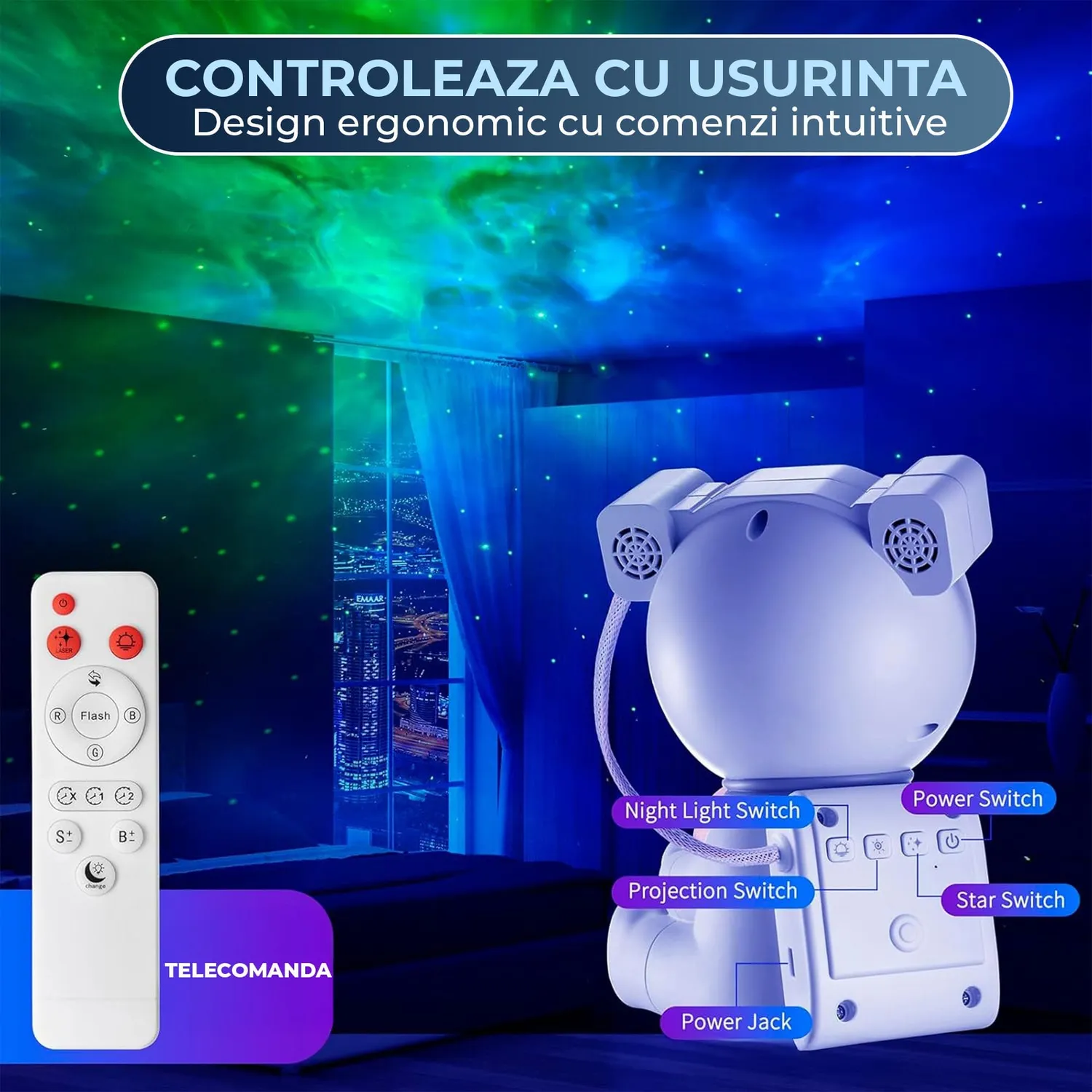 Timebox lampă proiector astronaut 2 în 1 RGB
