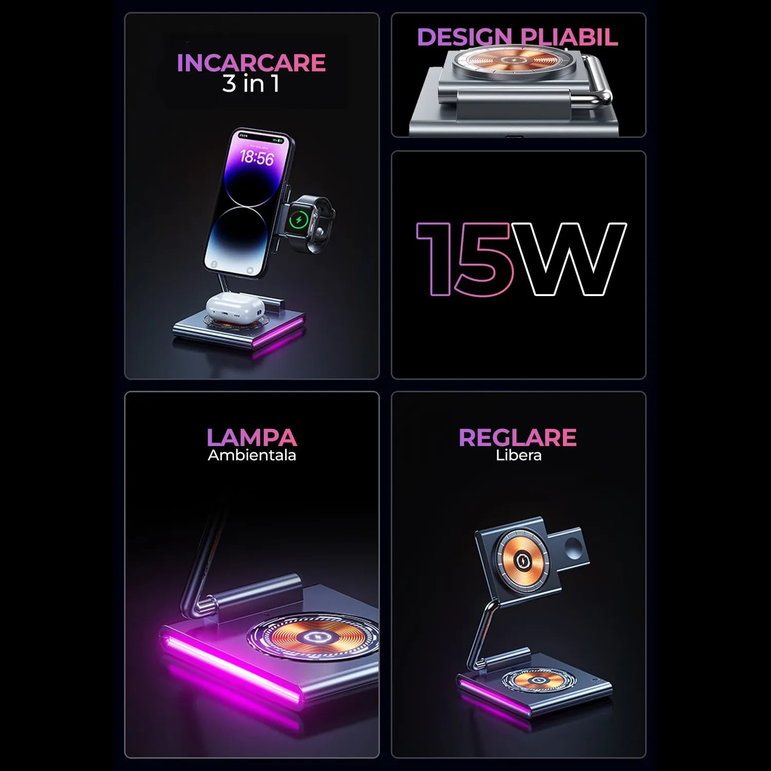 Timebox 15W statie wireless 3 in 1 pliabila gri RGB