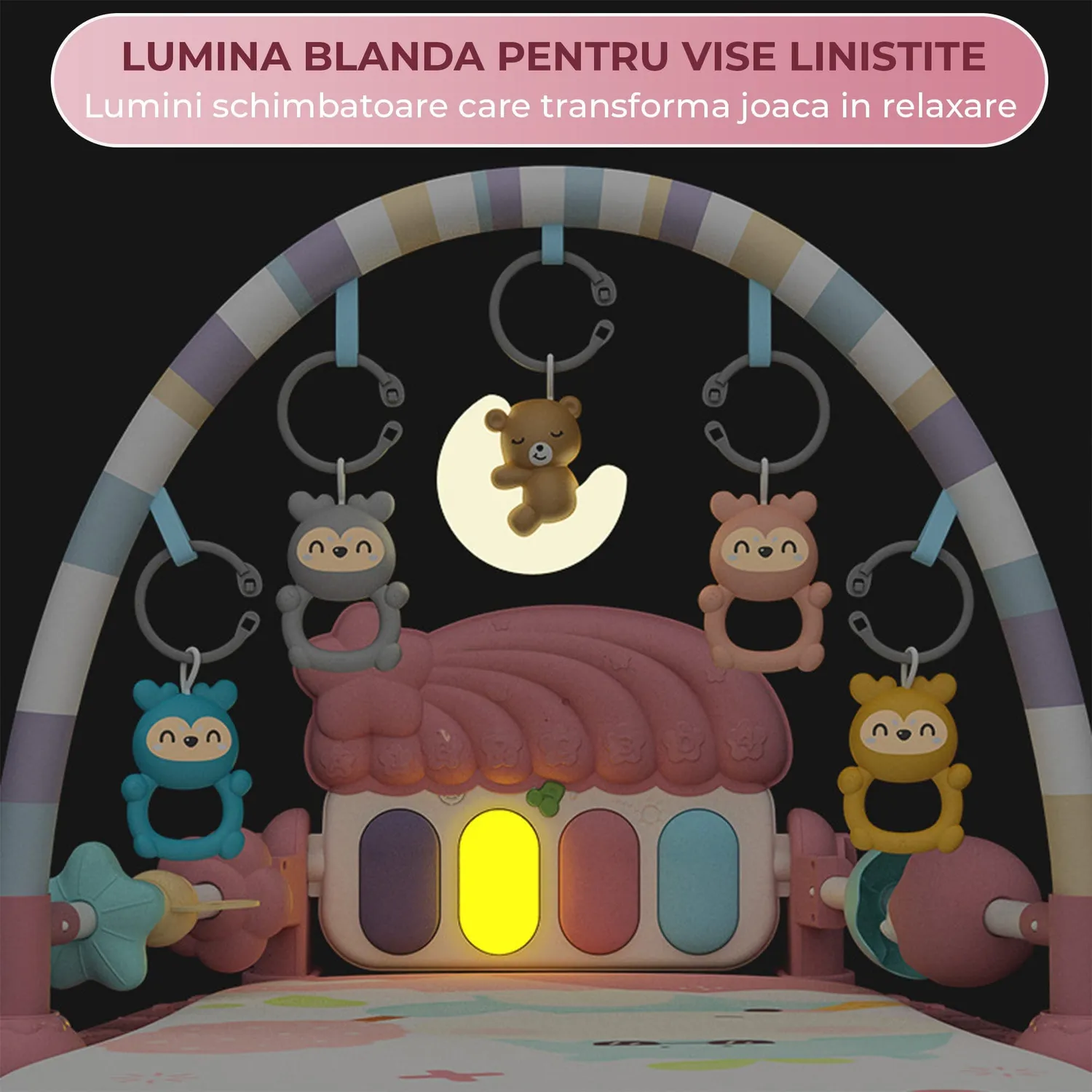Timebox 5 in 1 centru joaca bebelusi roz cu pian