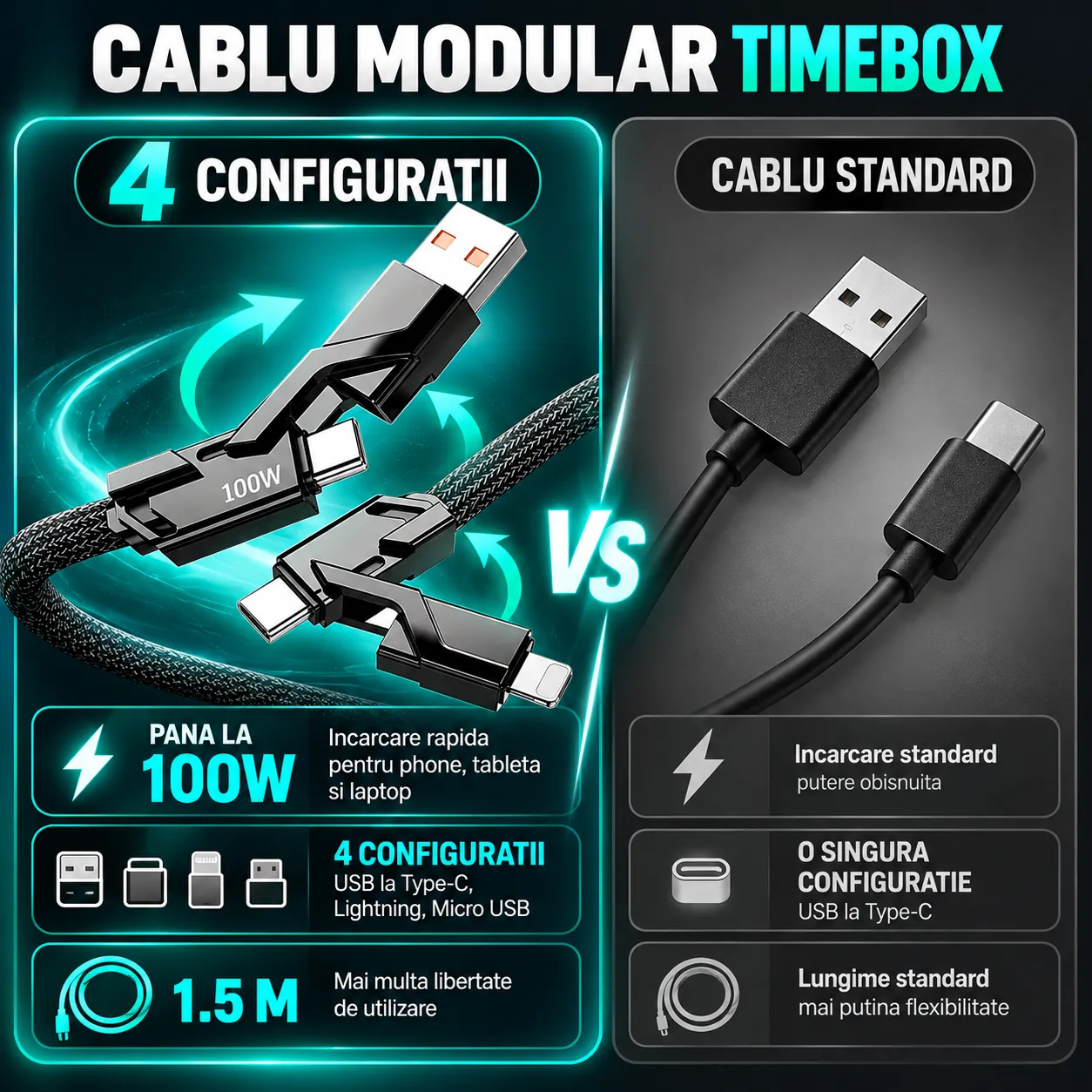 Timebox 4 în 1 cablu încărcare 100W 1,5m negru