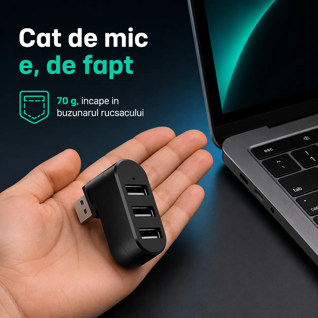 Timebox 3 in 1 hub USB adaptor 3 porturi negru rotativ